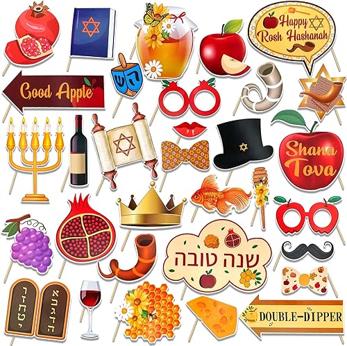 HOWAF 32 piezas de accesorios para cabina de fotos Happy Rosh Hashanah, decoración de fiesta de Rosh Hashanah, accesorios para selfies de fiesta de