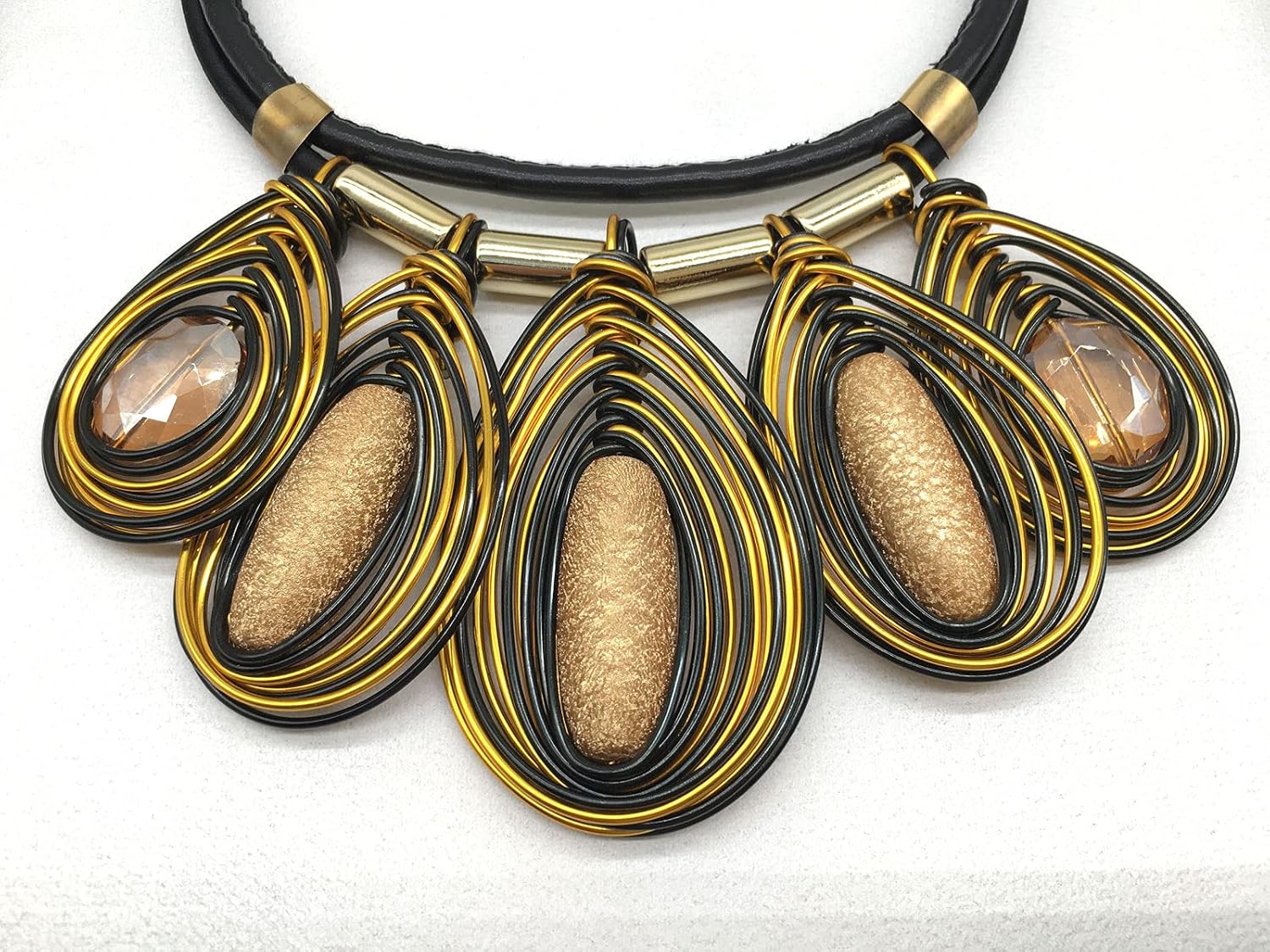 Chunky African Jewelry Statement Necklace For Women Tribal Fashion Costume Earring Set Unique Rhinestone Crystal Gold Wire Wrapped Big Wood Pendent Collar Choker Bib Handmade - Image 6