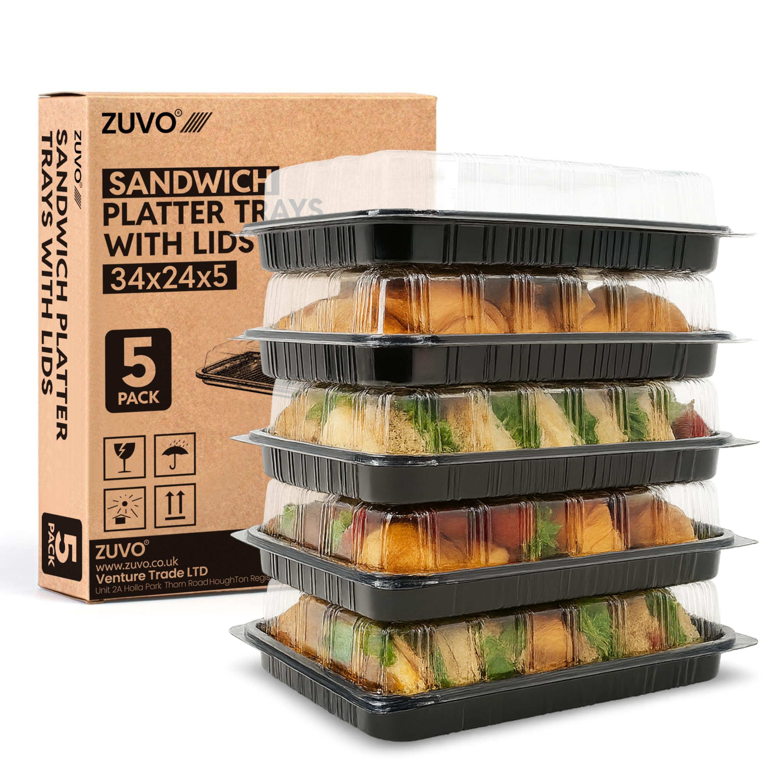 Zuvo Reusable Party Food And Sandwich Platter Trays with Lids (Pack of 5), Sandwich and Buffet Serving Platters for Catering, Events, and Parties – Freezer Safe Plastic Trays with Lids (34x24x5cm)