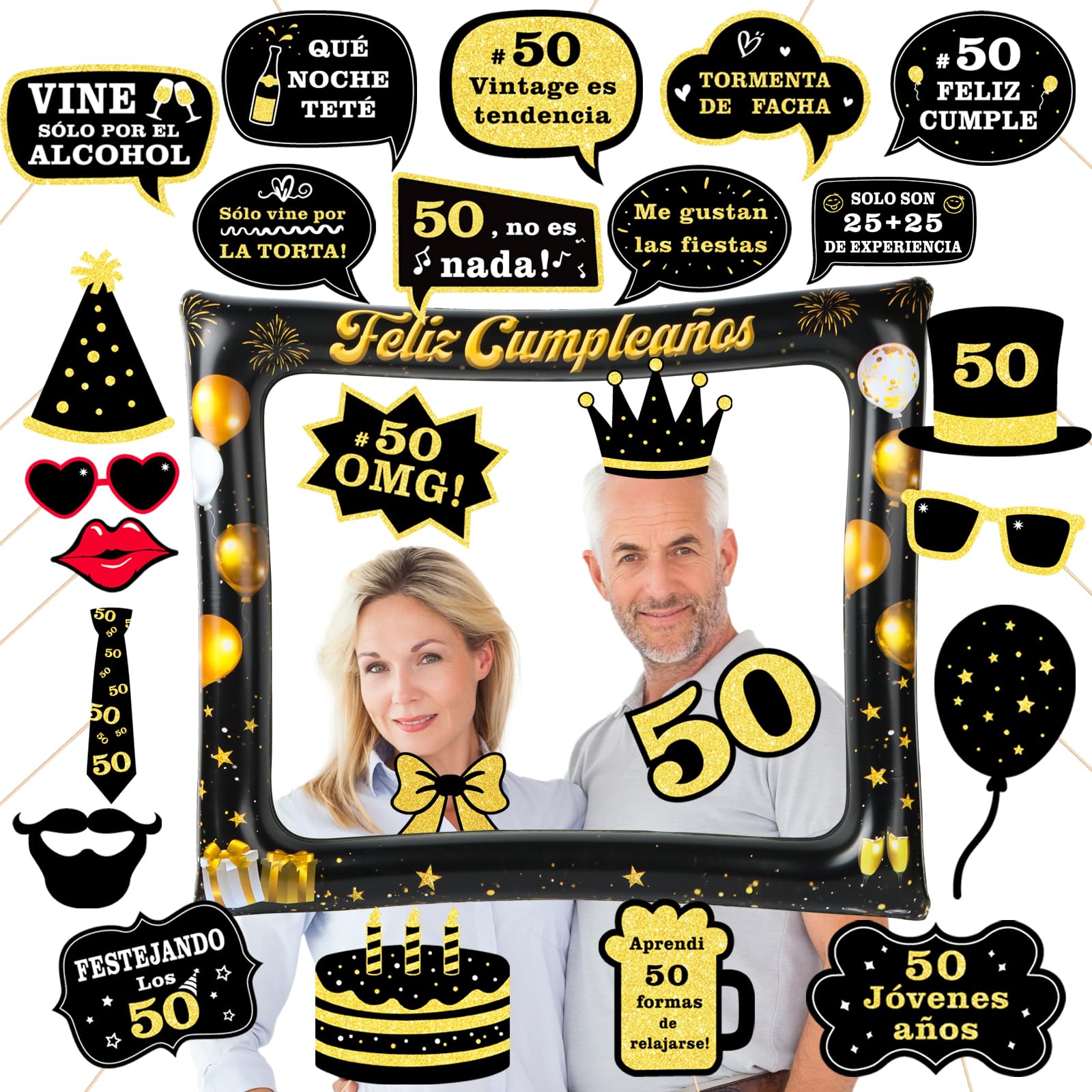 Photocall Marco Inflable Feliz 50 Cumpleaños Español + 25pcs Foto Props Oro Negro para Fiesta Photocall Frases Divertidas