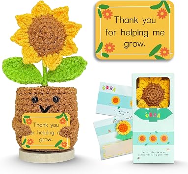 Birthday Gifts for Mom, Handmade Positive Crochet Sunflower for Home Office Desk Decor, Thank You Gifts for Women Teacher Friend Daughter Nurse Coworker,Emotional Support Plant with Positive Card