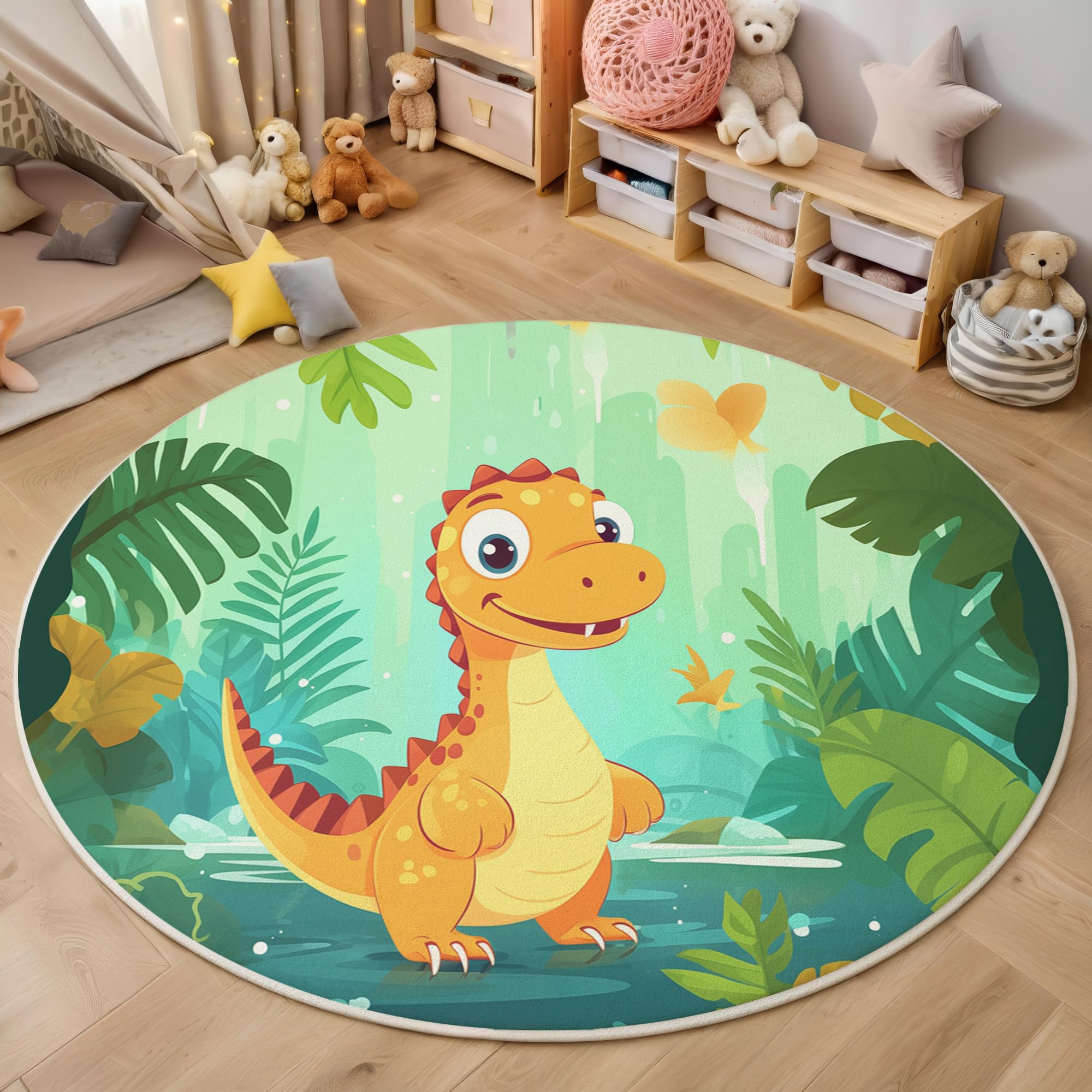 Tapis de zone ronde dinosaure style dessin animé pour tapis de sol doux