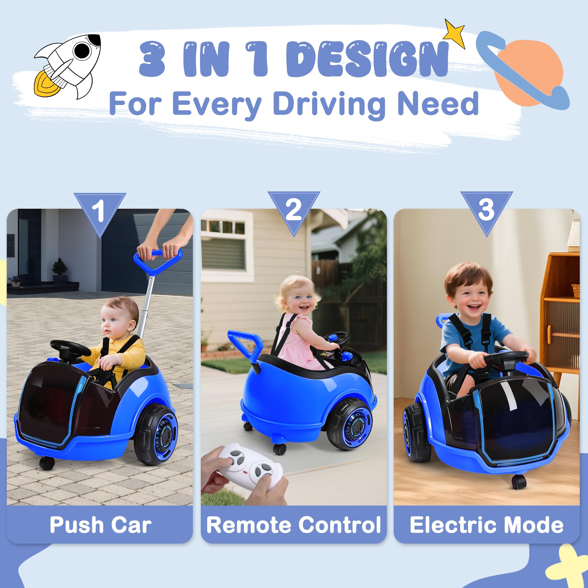 ANPABO 3-in-1 Electric Push Ride On Car, 12V Kids Ride On Toy w/Remote Control, 360° Spin, 5-Point Safety Belt, Colorful LED Light, Music Player, Push Car for Toddler Ages 1-3 (Blue) — view 2