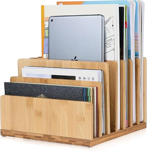 Organizador de correo de bambú para escritorio, 7 ranuras, organizadores de escritorio de madera y accesorios para libros de documentos, correo de