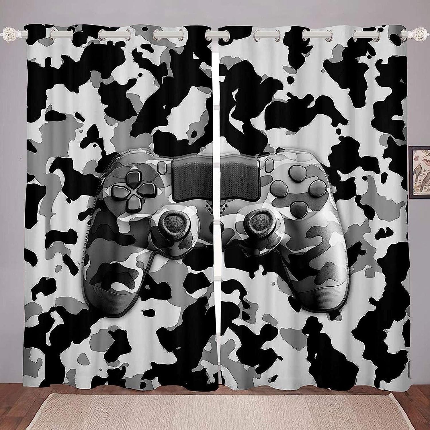 Blackout Curtains Black Game Controller 3D Printed Microfiber Thermal Insulated Noise Reduction Eyelet Curtains For Kid'S Room Hotel Office Home Dec