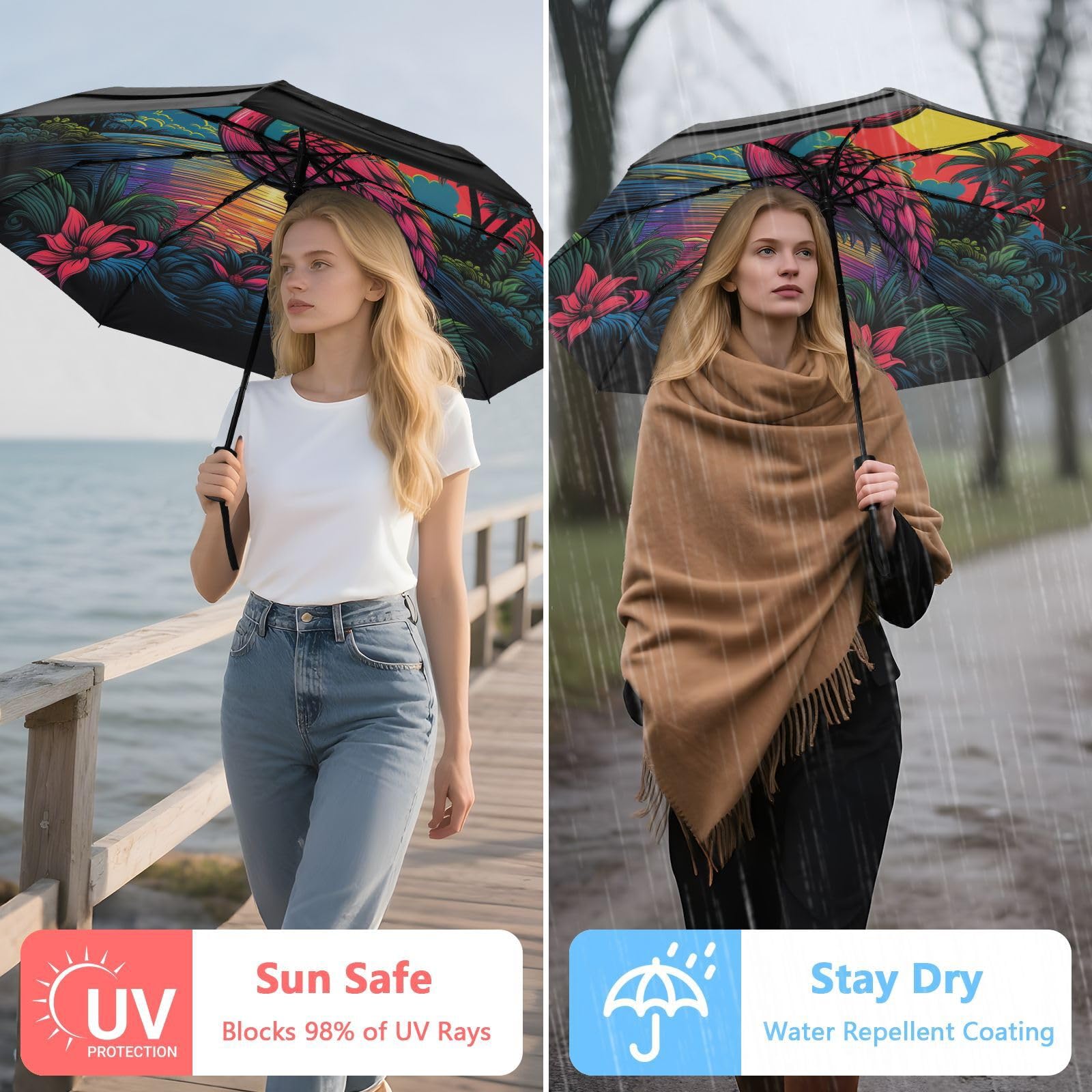 Flamenco De NeóN Fresco Paraguas de Viaje Resistente al Viento Apertura Cierre AutomáTicos,Compacto con ProteccióN Solar UPF 50+ Ideal para JóVenes Chicas