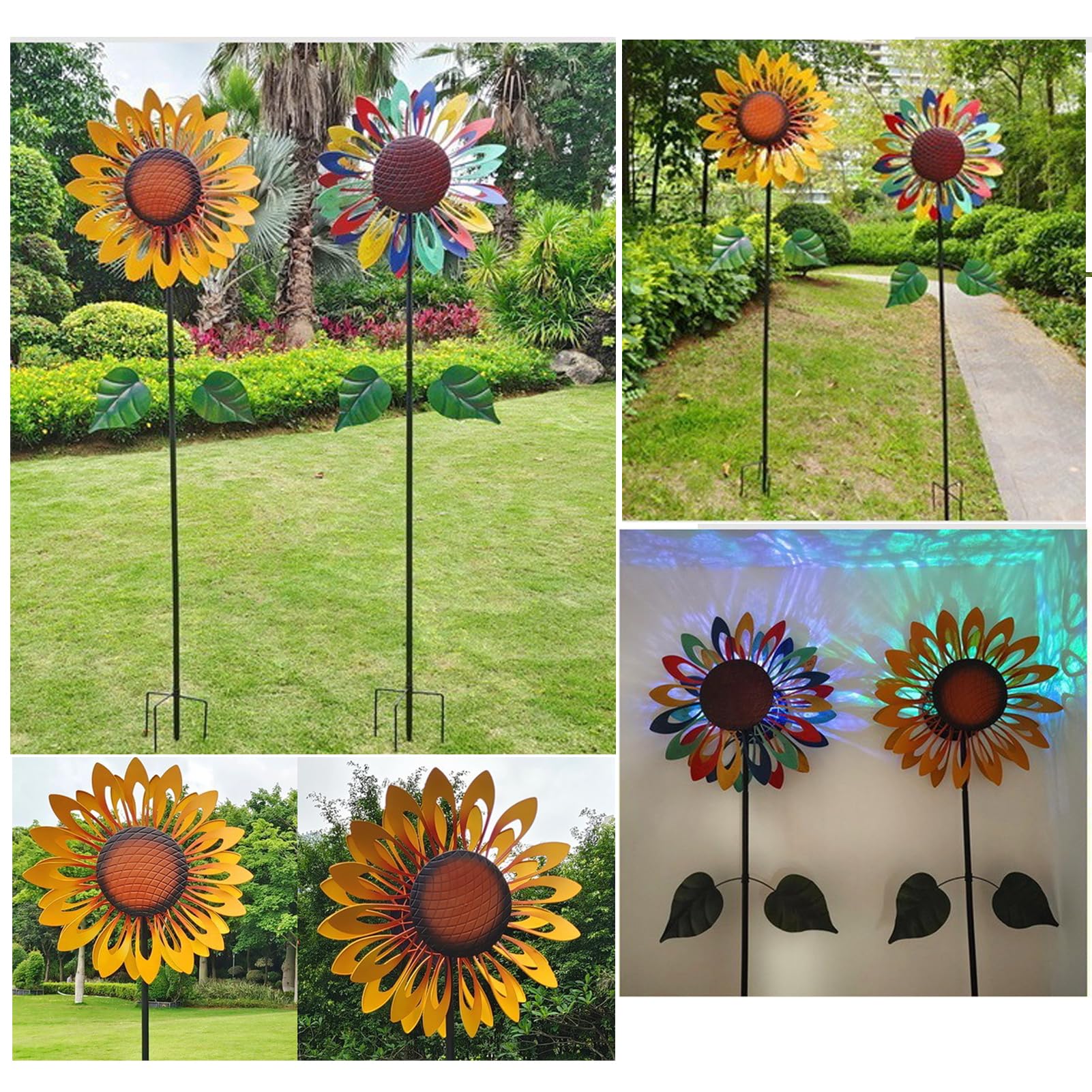 210cm Mulino a Vento in metallo girasole,Girandole a vento con illuminazione a LED a energia solare,Girandole Cinetiche con palo da giardino, decorazioni da giardino, sculture a vento e girandole
