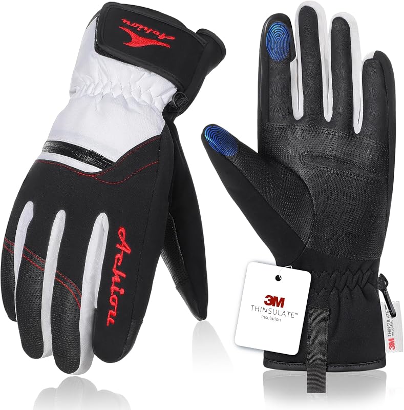 Achiou Guantes de esquí Guantes de nieve impermeables para hombres y mujeres Snowboard de invierno | Guante de esquí cálido y aislado con Thinsulate 3M, carcasa impermeable y puntas de los dedos con pantalla táctil para esquiar y deportes de invierno al aire libre