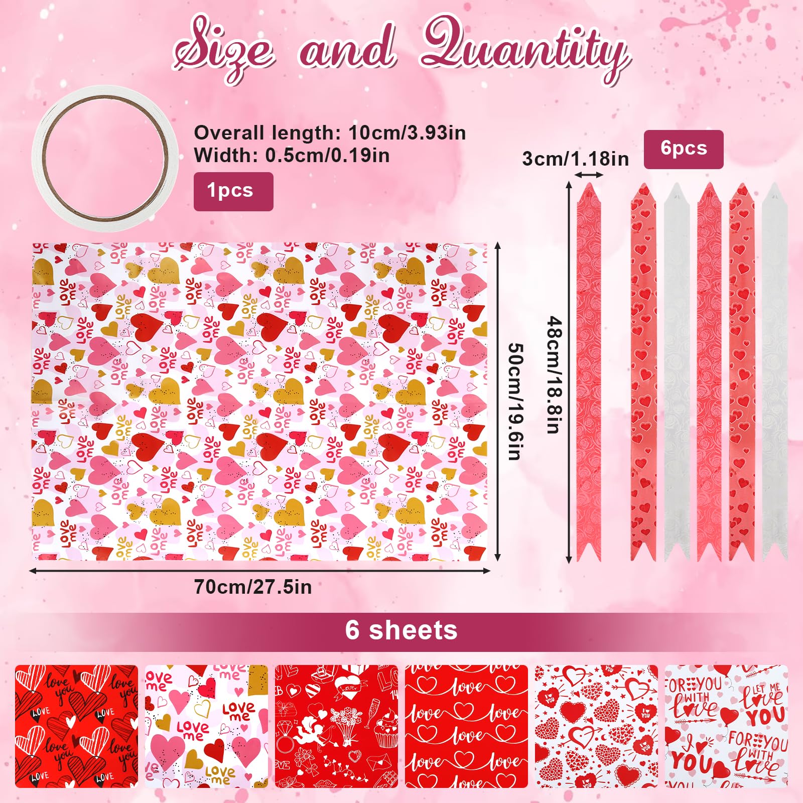 Valentinstag Geschenkpapier Set - 6 Blätter Mit Herzen 50x70cm + 2 Bänder