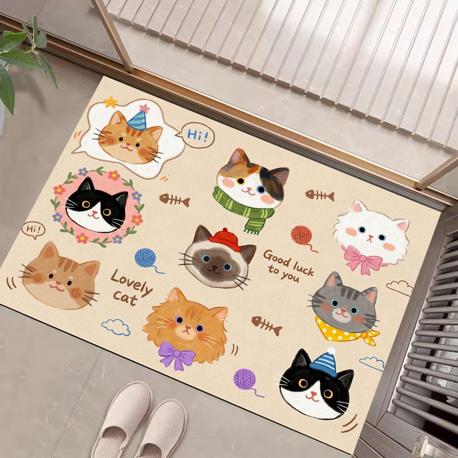 Felpudo de Entrada 80x120cm, Alfombra Estilo Francés Suave Atrapapolvo Alfombra Avatar De Gato Antideslizante Lavable, Alfombrilla con Microfibras Suaves Absorbentes para Puerta, Pasillo, Caqui Claro