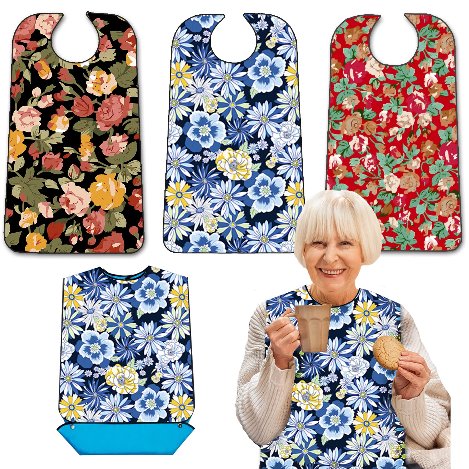 3 Pack Adult Bibs with Crumb Catcher, Washable and Adjustable Adult Bibs for Women Elderly Seniors, Bibs for Eating