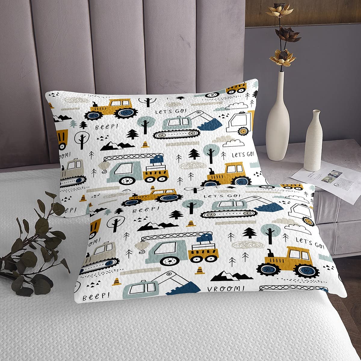 Loussiesd Set copriletto per Bambini in Stile Cartone Animato per Bambini Set di Attrezzature per la Decorazione Camion Trapuntato copriletto Auto Escavatore Trattore Bianco giallo170X230cm