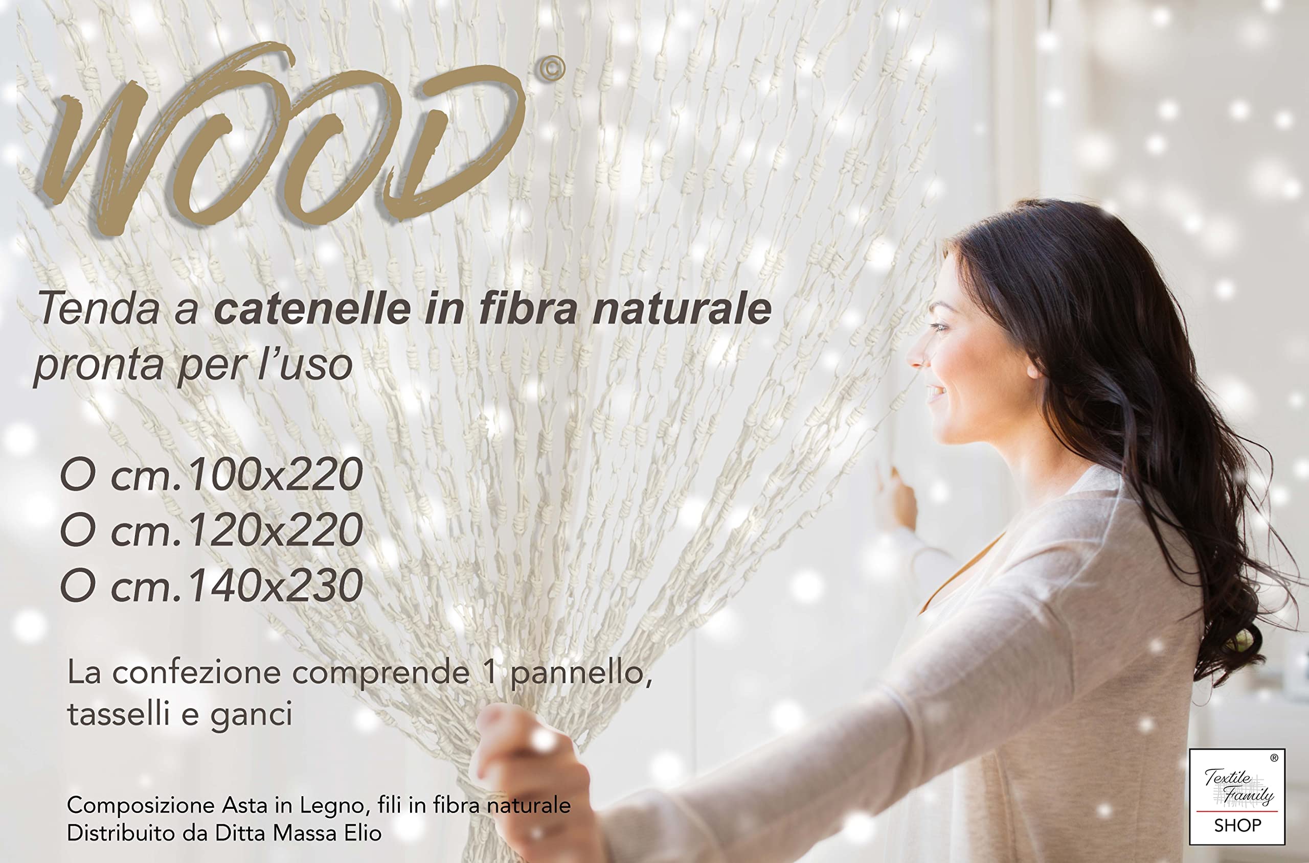 Tex Family Wood© Rideau de chaînettes tressées en fibre naturelle, anti-insectes et antibruit, beige, 120 x 220 cm
