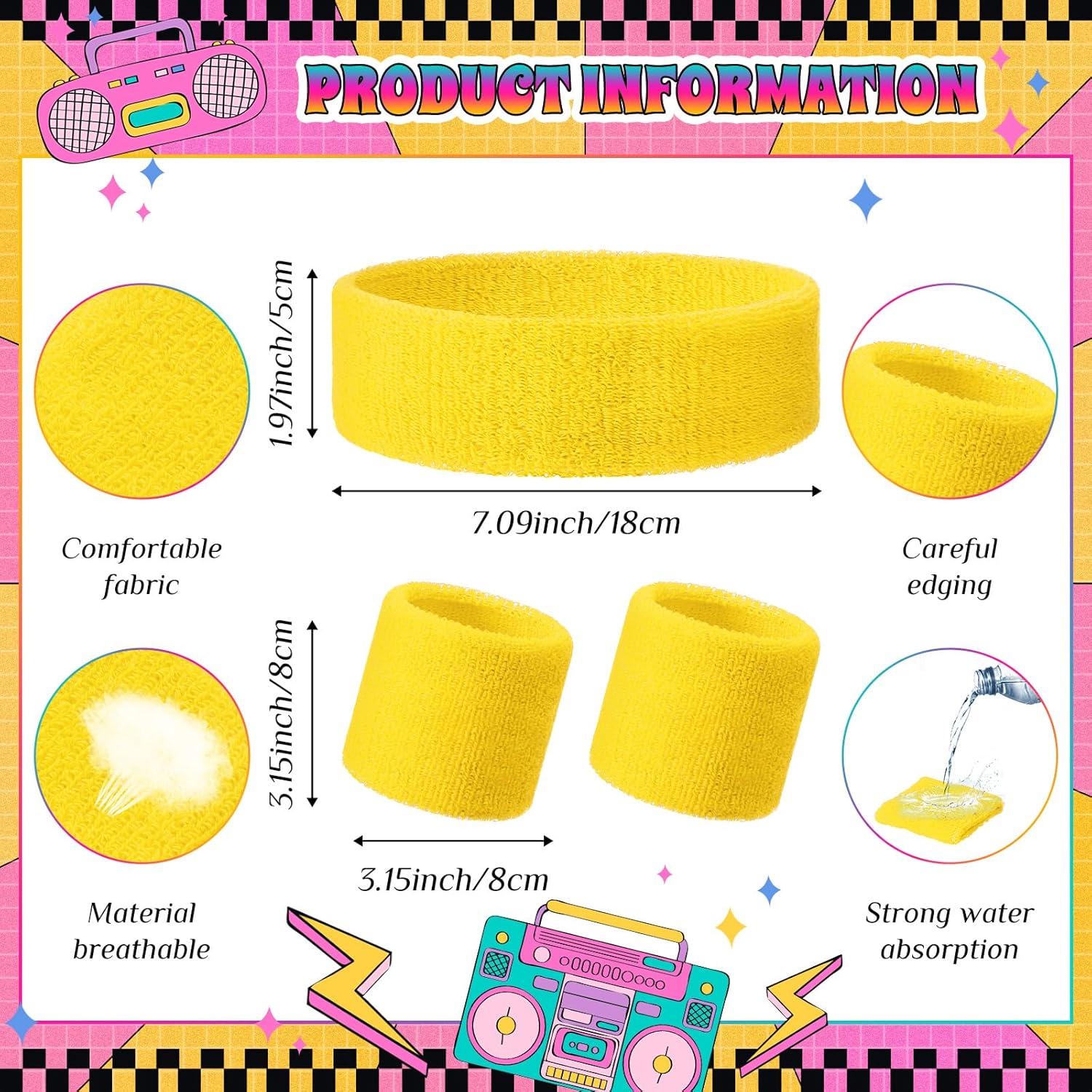 3 Pack Neon Sweatbands Set 80s Wristband and Headband Color War Accessories Sports Sweatbands for Summer Ball Party - Image 2