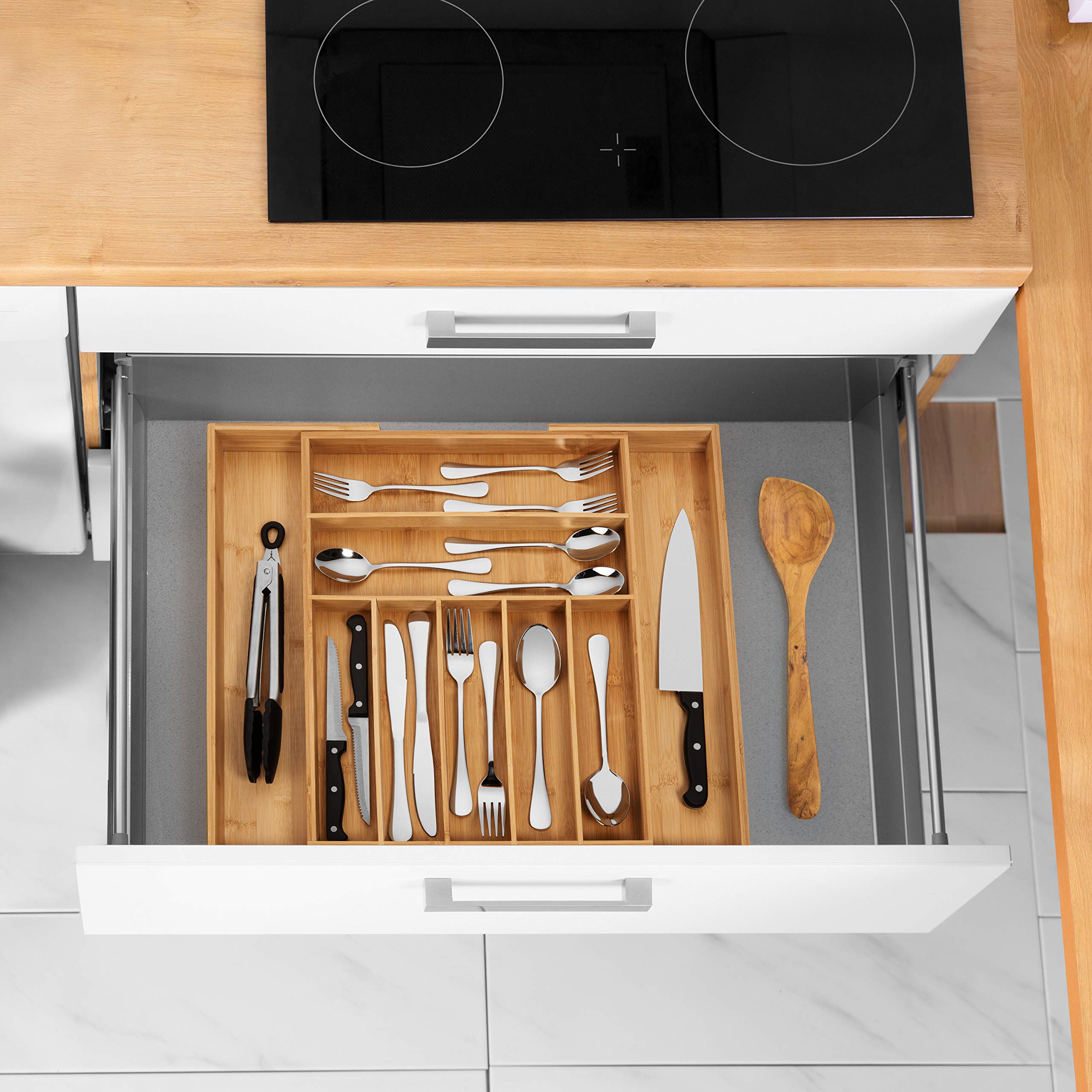 Premium Bamboo Silverware Organizer Expandable Kitchen Drawer