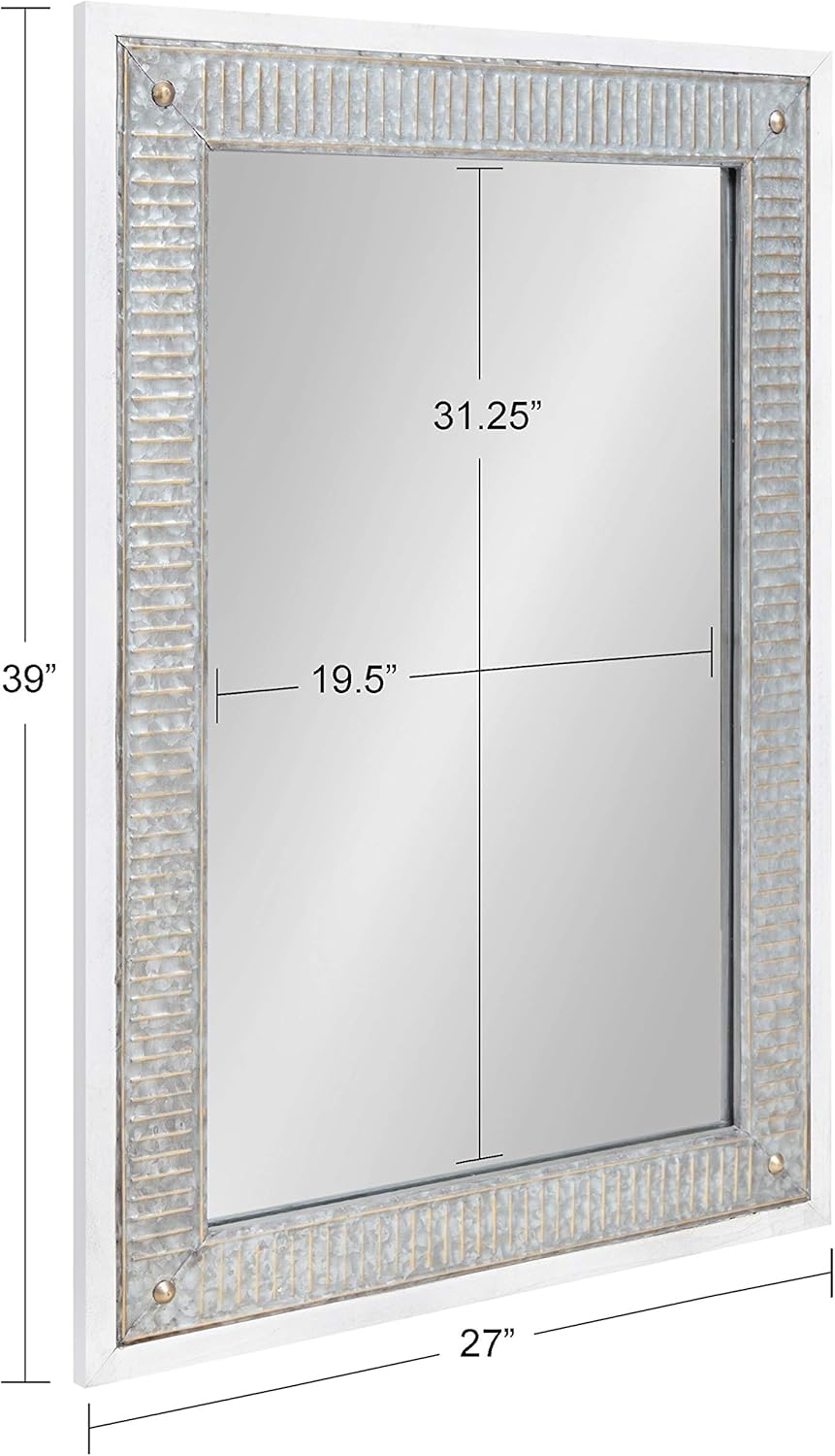 Kate and Laurel Deely Farmhouse Wall Mirror, 27 x 39, White and Silver, Rustic Wall Decor with Galvanized Metal Frame