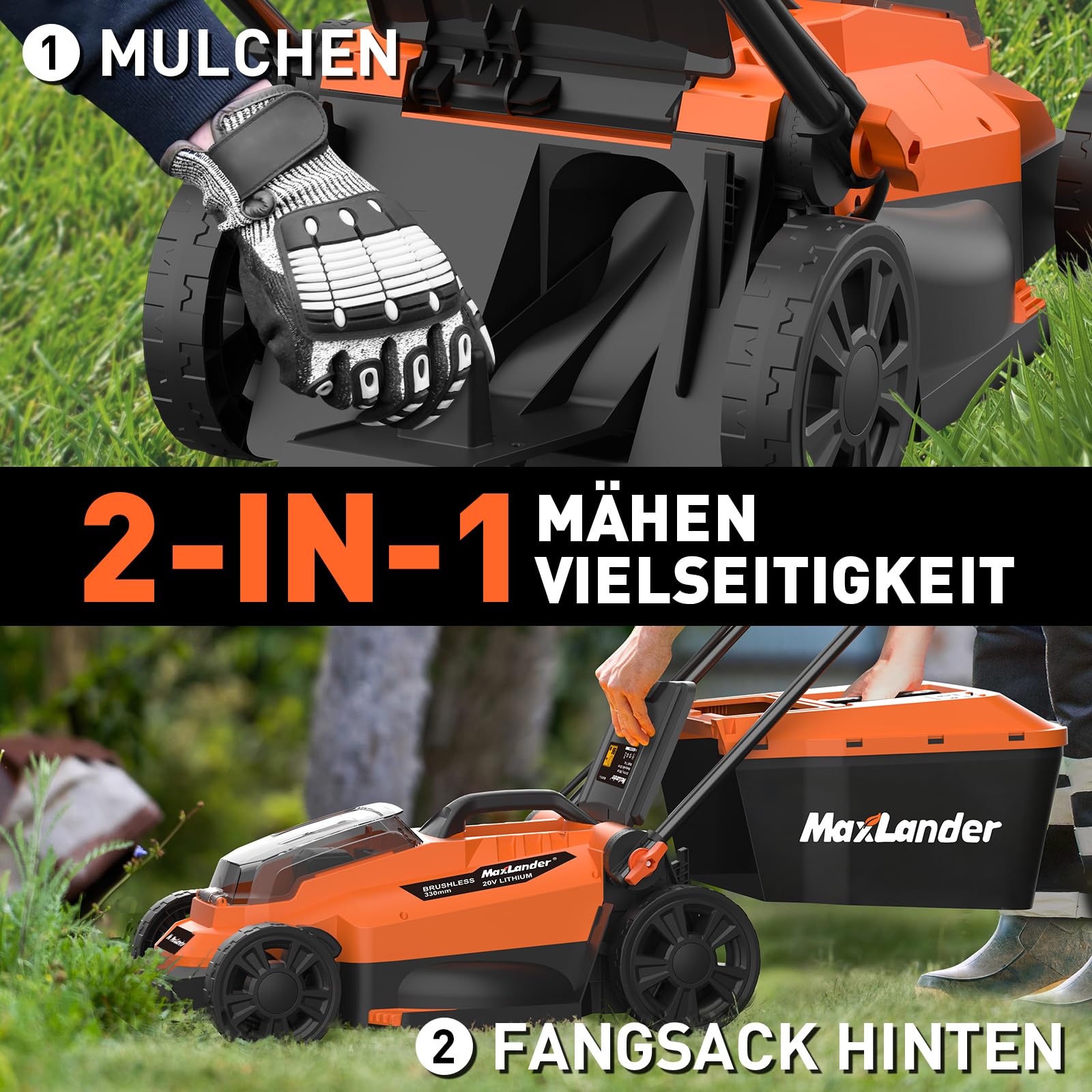 Maxlander 33 cm Akku Rasenmäher bis 400 m² mit Mulchfunktion | Rasenmäher Elektro Schiebemäher mit 30L Fangkorb ,Schnitthöhe 25–75 mm,4,0 Ah Akku und Ladegerät im Lieferumfang Enthalten