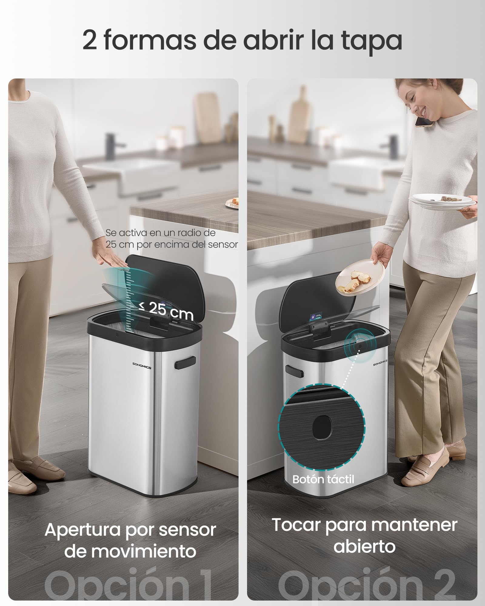 SONGMICS Cubo de Basura de Cocina con Sensor de Movimiento, Papelera Automática de 50 L, Tapa de Cierre Suave, Acero, Incluye 15 Bolsas, Plata Metálica y Negro Tinta LTB640E01