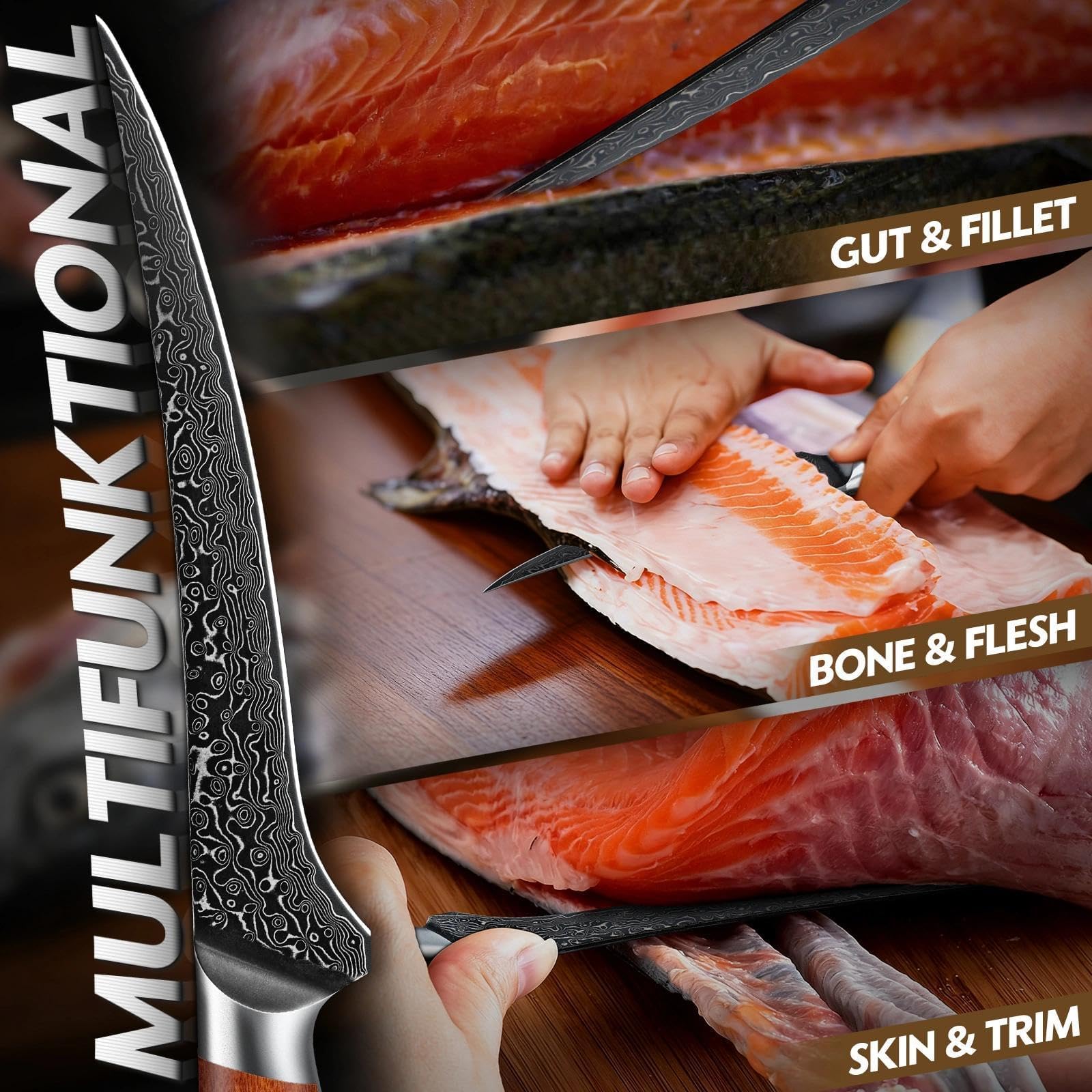 Freelander Filetiermesser Fisch Profi aus Hochkohlenstoffstahl, Scharfes Ausbeinmesser mit Ergonomischer Holzgriff, Küchenmesser zum Filetieren von Fisch, Fleisch und Meeresfrüchten mit Geschenkbox