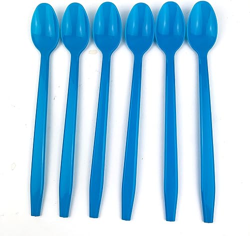 Heyiwell Cucharas de plástico largas azules de 7.8 pulgadas, utensilios desechables para refrescos, helados, batidos, té, flotadores, cócteles,