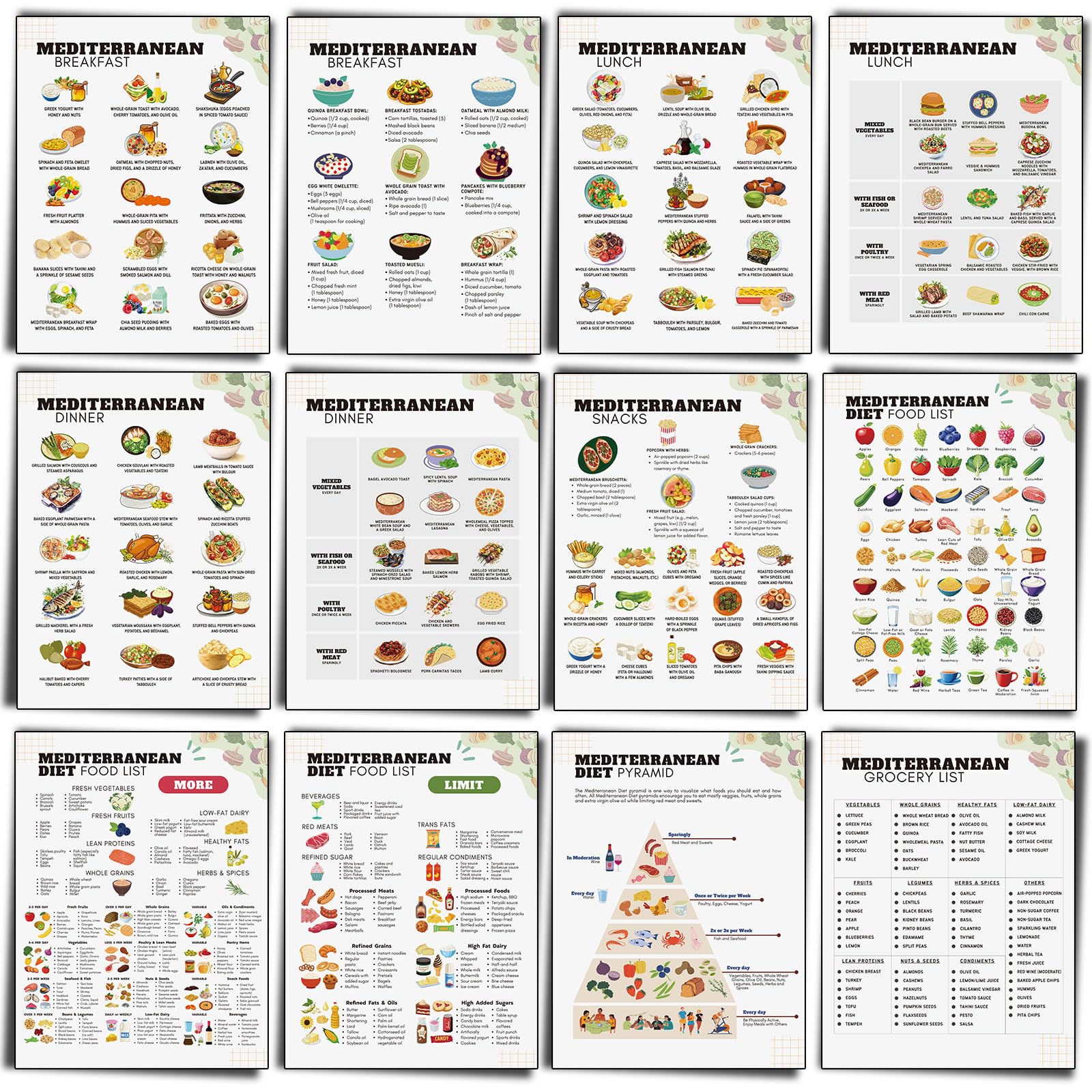Sinload 12 Pcs Mediterranean Diet Food Guide Posters Kitchen Wall Art