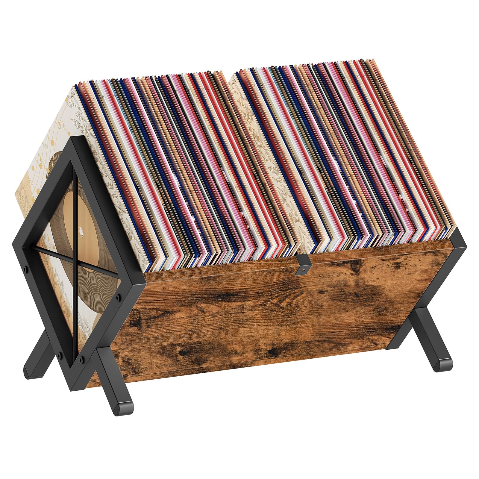 YATINEY Supporto per dischi in vinile, può contenere dischi da 80 a 100 LP, display in legno e metallo, organizer per dischi in vinile da montare rapidamente, per CD, libri, album, marrone rustico e