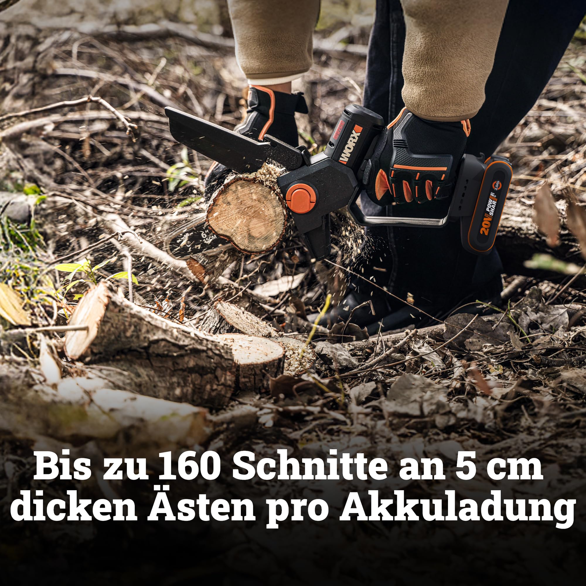 WORX WG327E.9 Akku Mini-Kettensäge 20V, 15 cm Schwertlänge, bürstenloser Motor, werkzeugloser Kettenwechsel und -spannung, ohne Akku und Ladegerät (kompakt, leicht und Strauchpflege)
