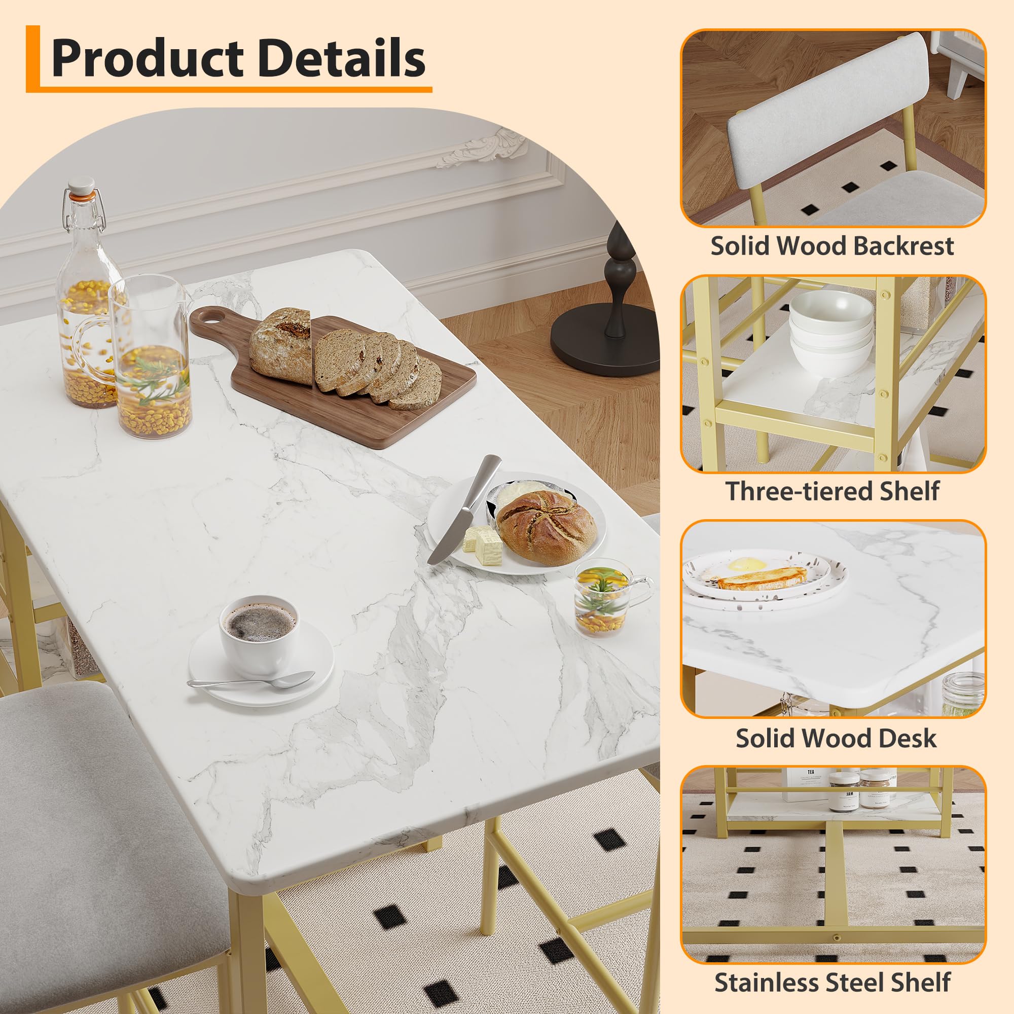 Bartisch Mit 2 Hockern, 3-Stufige Ablageflächen Für Gläser & Deko, Stabiler Stehtisch Barhockern, Essgruppe Mit Hochwertigen Polsterstühlen, Ideal Für Küche, Wohnzimmer Oder Bistro, Goldmarm