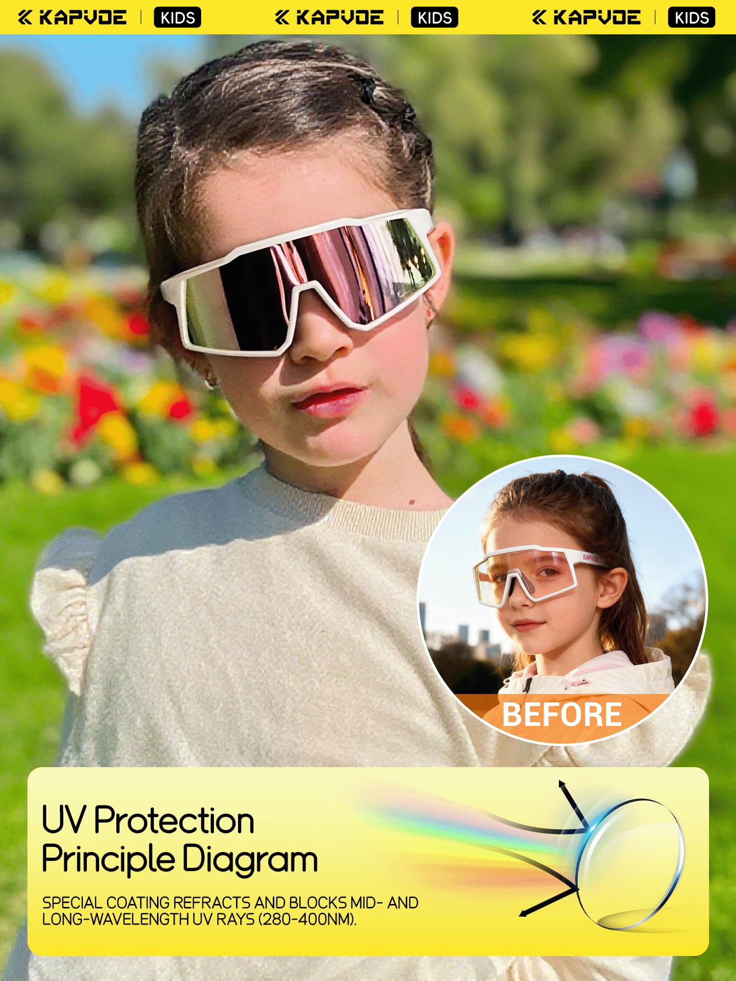 KAPVOE Kinder Fahrradbrille selbsttönend UV400, leichte Sportsonnenbrille mit photochromatischen Gläsern, TR90-Rahmen, verstellbaren Nasenpads und rutschfesten Bügeln, für Jungen Mädchen