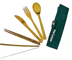 Ecowood Conjunto de talheres de bambu – inclui 7 peças – conjunto de utensílios de bambu portátil para cozinha, viagem, escola (verde)