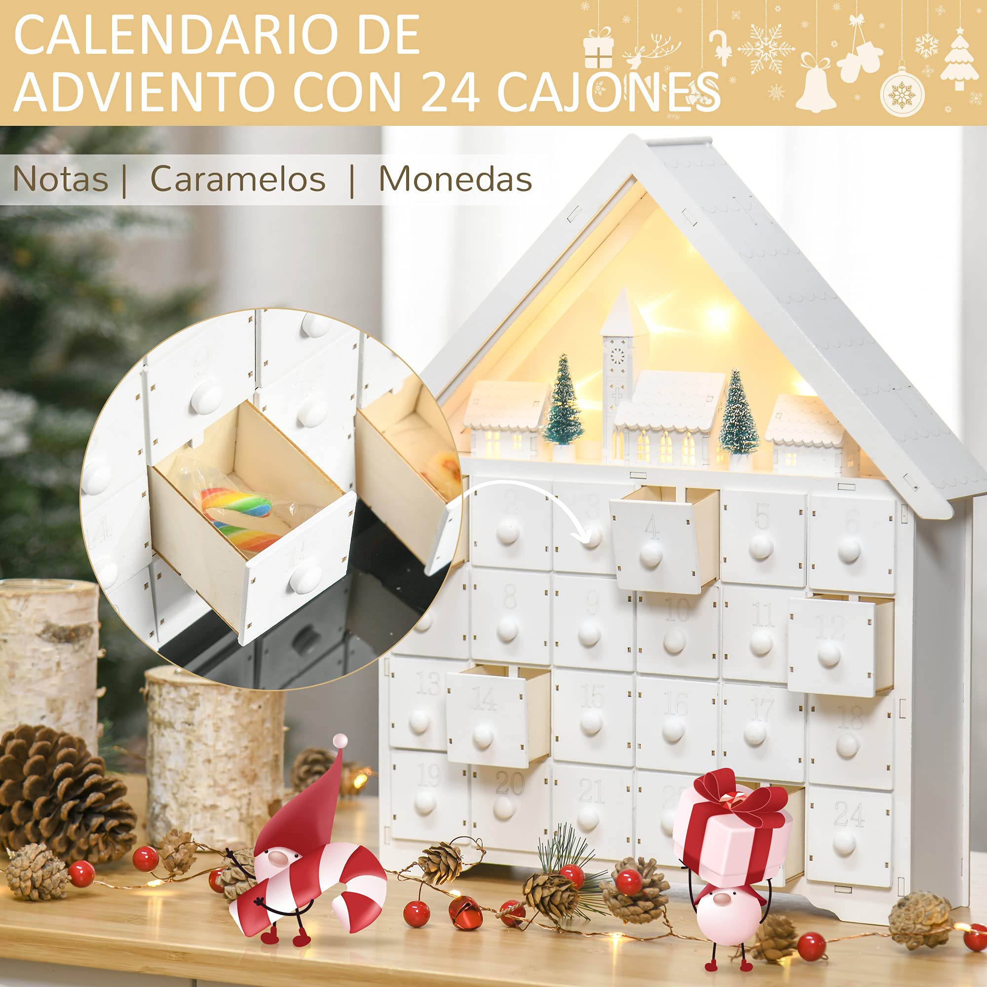 HOMCOM Calendario de Adviento Navidad 24 Cajones Luces LED Decoración Navideña Casita 39x9x42 cm Blanco