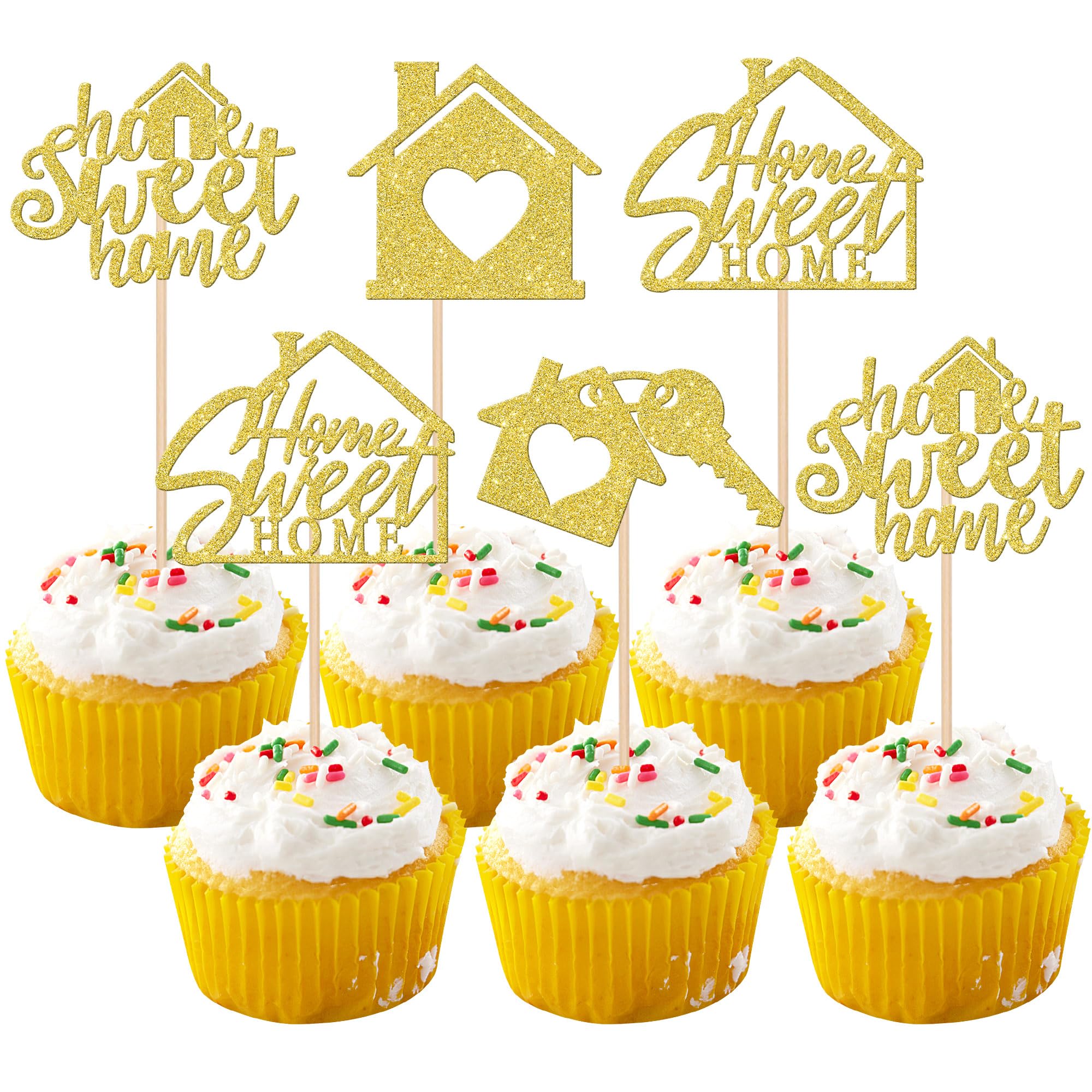 Xsstarmi 24 Pack Sweet Home Cupcake Toppers Glitter Warm Home Key Housewarming Cupcake Picks for New Home Theme Party Cake Decorations Supplies Gold
