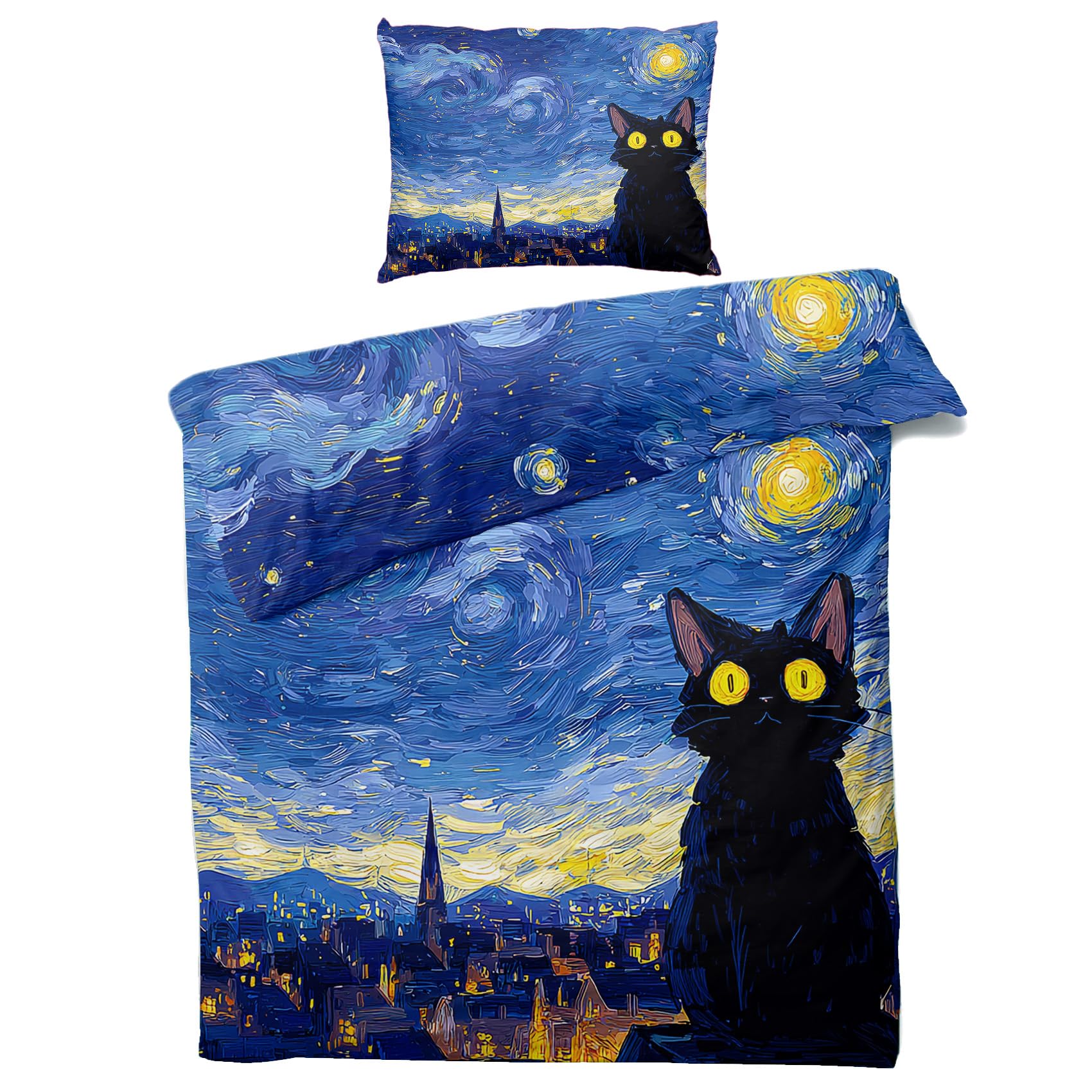Housse de couette 220x240 chat 2 personnes avec fermeture éclair et taie d'oreiller lit
