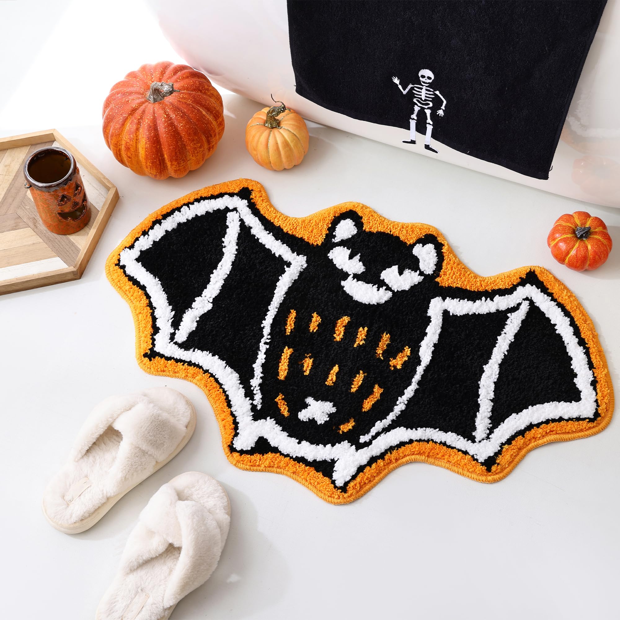 TRUEDAYS Halloween Bathroom Rugs with Black Bat and Orange Wings Cute Funny Bath Mat Cartoon Non Slip Kitchen