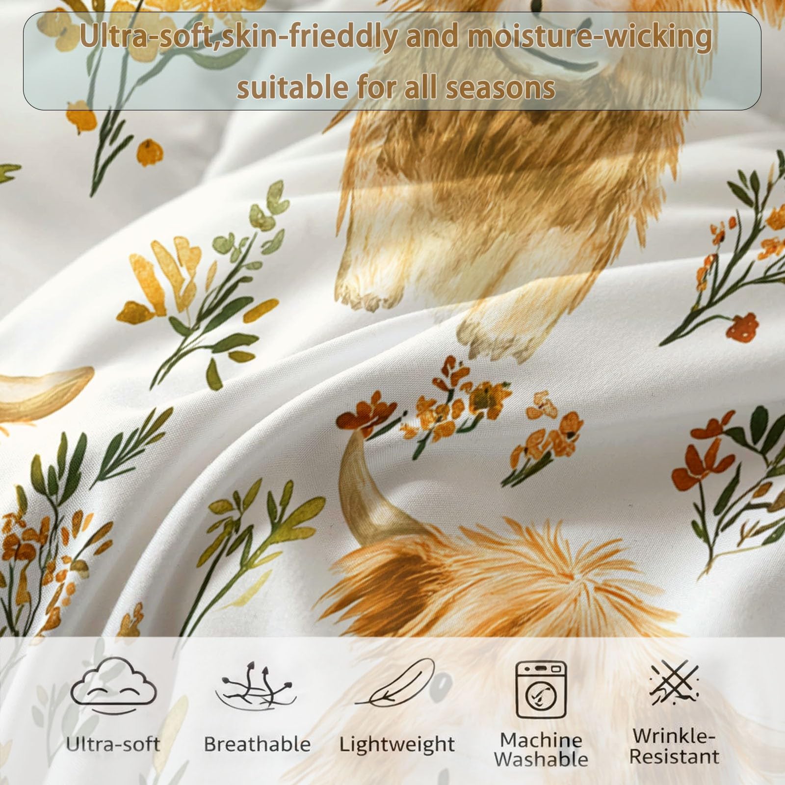 Edredon Relleno nordico Cama Infantil Algodón - Animal Ganado de las Highlands Campo Granja Cama 180 - Bebe rellena Juego de Manta 260x240 cm con Almohada 50 x 75 cm por niños e niñas Amarillo mostaza