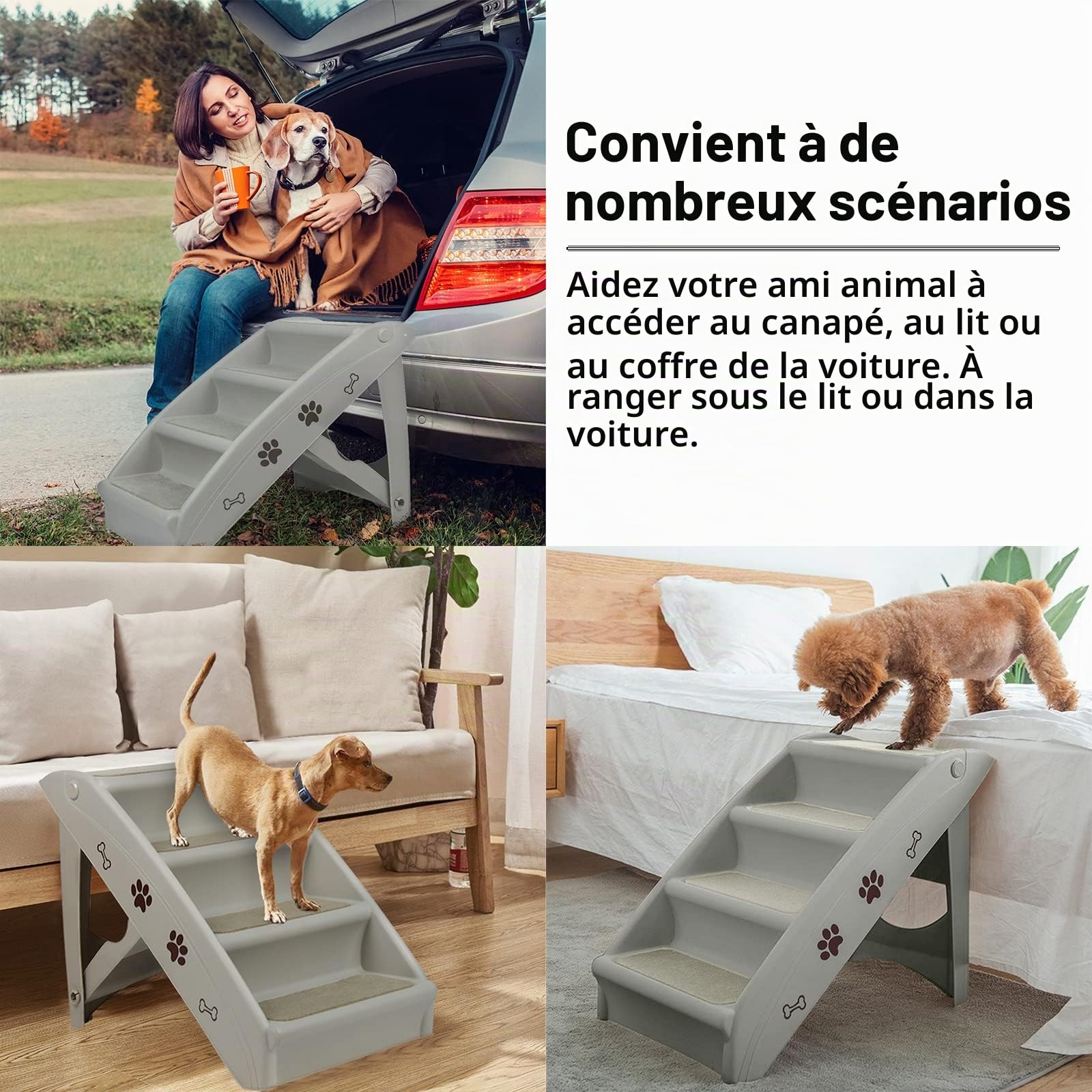 LZQ Escalier pour chiens et chats - Pliable - En plastique polypropylène - 50 cm de haut - Avec marches antidérapantes - Rampe canapé pour chiens et chats - Pour grimper et griffer - Gris