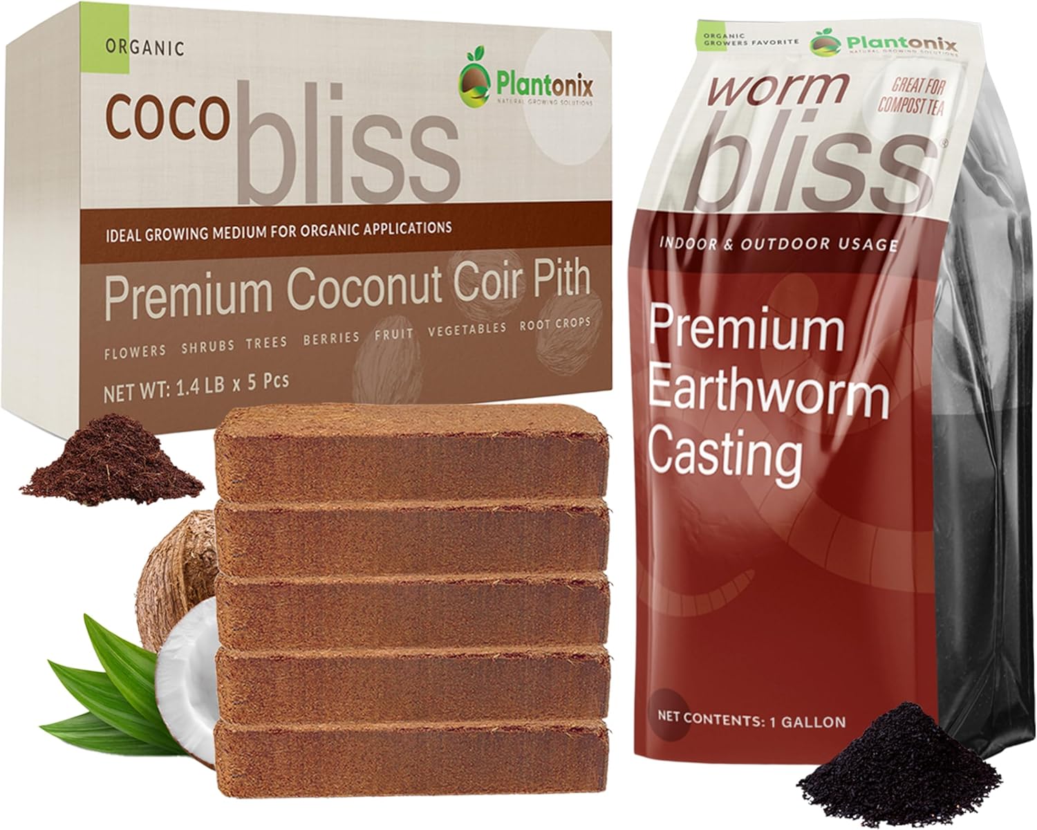 Coco Coir 650gm Bricks (5Pack) + Worm Bliss (4 Qts