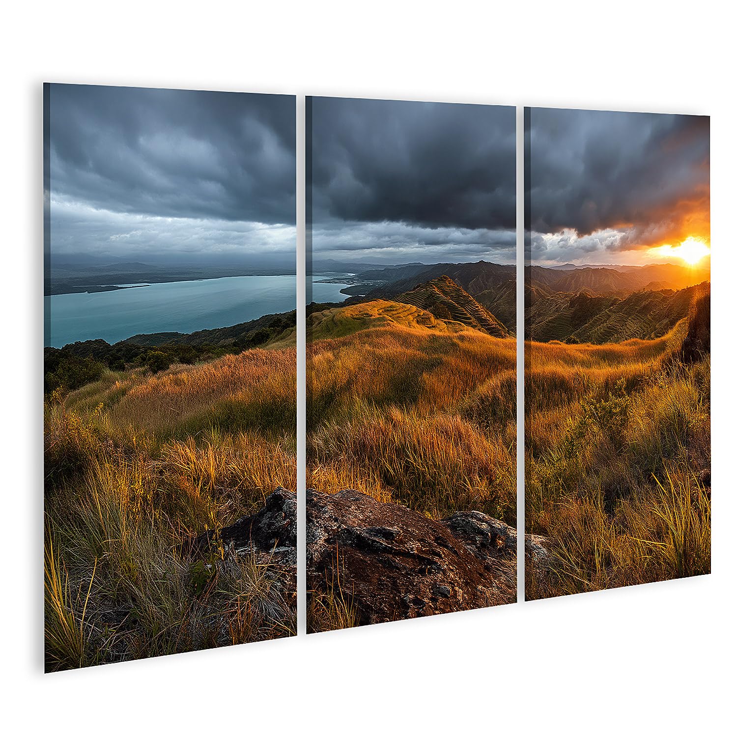 islandburner Quadro su tela Maestose risaie in rosso sera murale soggiorno per gli amanti della natura, 3 pezzi