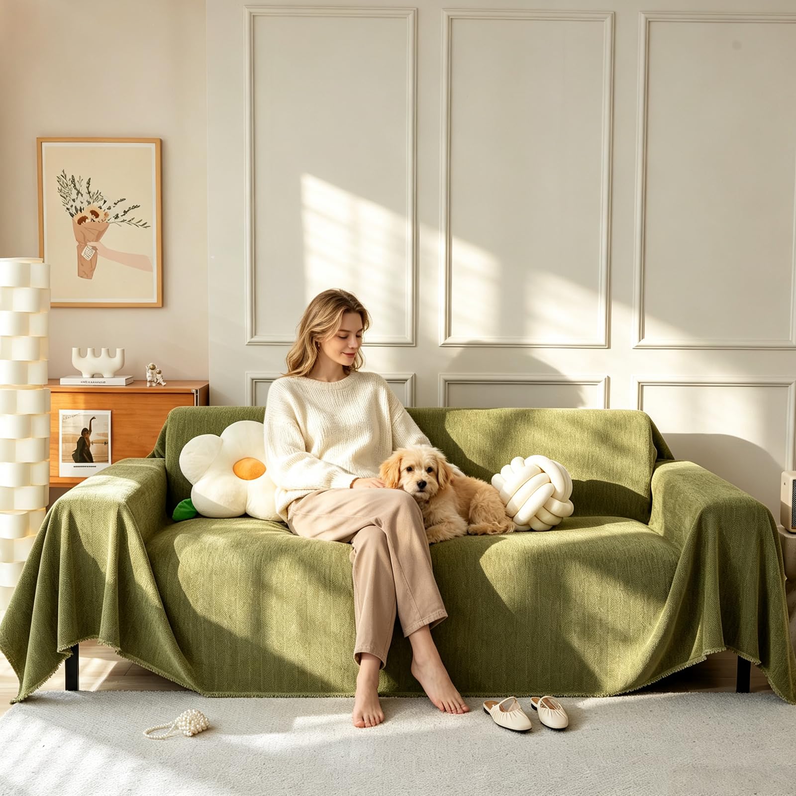 Manta Sofa Chenilla,Plaid Cama- Ultra Suave con Textura Espina de Pescado, Transpirable 4 Estaciones, Moderna y Confortable para Cama, Silla 230 * 180cm-Matcha Verde