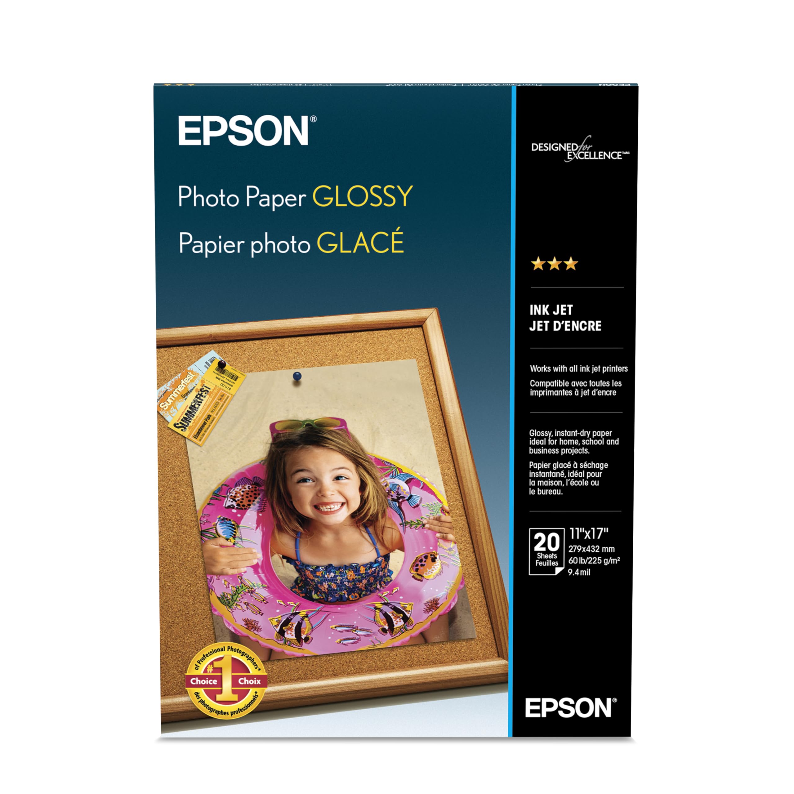 Epson Glossy Photo Paper 52 lbs., 11 x 17, Pack of 20 Sheets, (S041156 ), White
