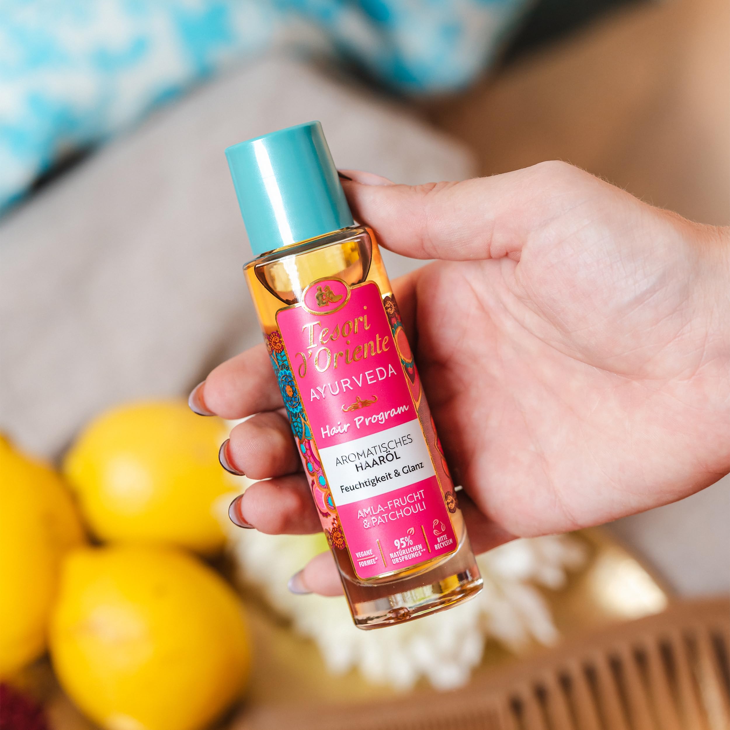Tesori d'Oriente Hair Program olejek do włosów 'Ayurveda', 50 ml, aromatyczny olejek z owocami amla i paczula, nawilżający i błyszczący, do suchych włosów, rytuał wellness dla ciała i zmysłów