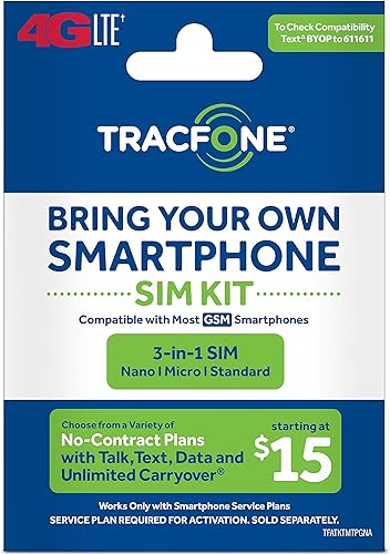 tracfoneBring Your Own teléfono "GSM tarjeta SIM 3en 1kit (4G LTE)" T-Mobile COMPATIBLES