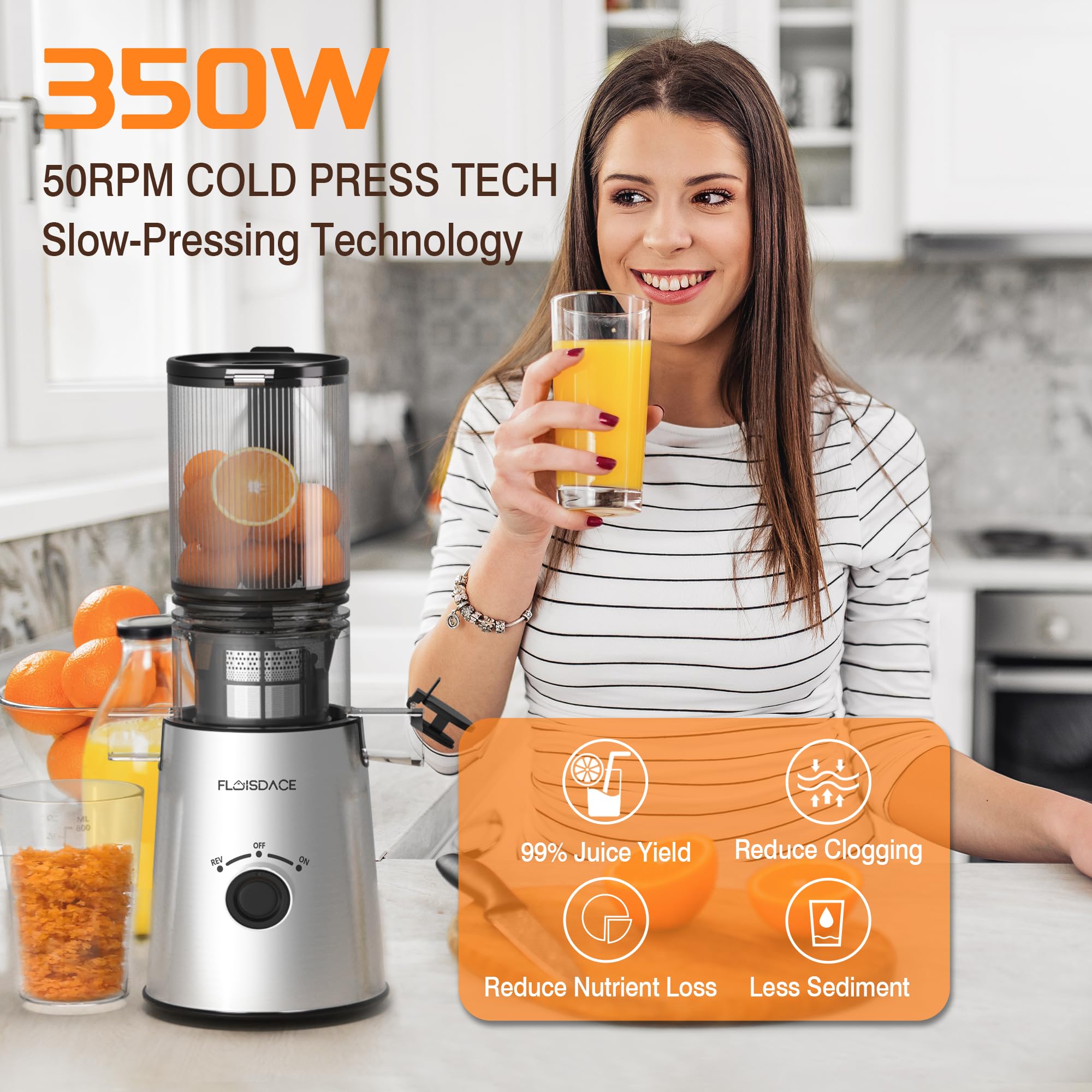 Masticating Juicer Machines, 4.1-inch(104mm) Powerful Slow Cold Press Juicer with Large Feed Chute, Electric Masticating Juicers for Vegetables and Fruits, Easy to Clean with Brush