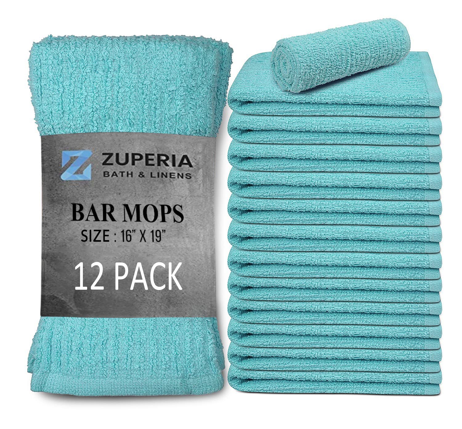 ZUPERIABar Mop Kitchen Towels- 12 Pack (16"x19") Bar Mop Towels -100% Cotton Dish Cloth Towels - Super Absorbent Dish Cloths & Dish Towels, Multi-Purpose for Home, Kitchen and Bar Cleaning (Aqua)