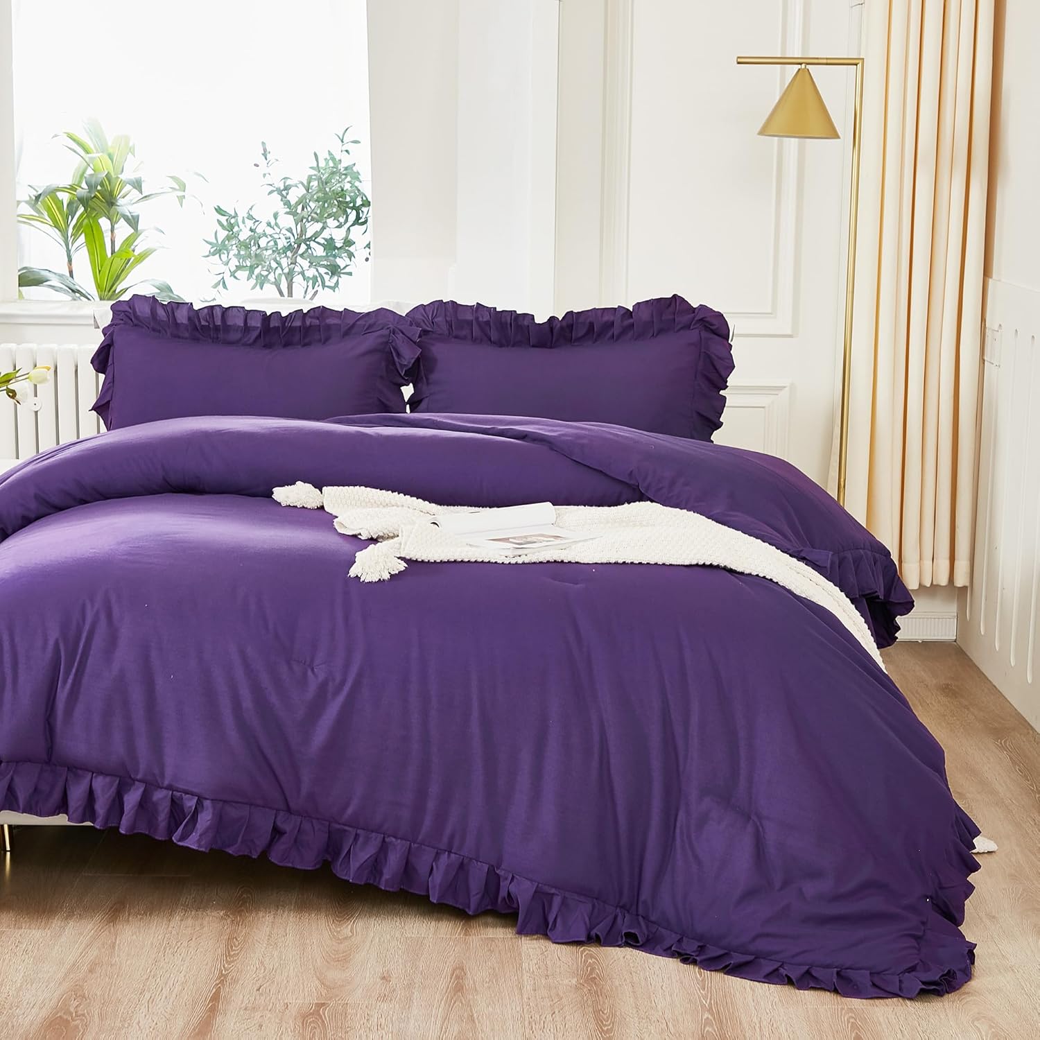 Litanika Queen Size Comforter Set Purple, 3 Pieces Ruffle
