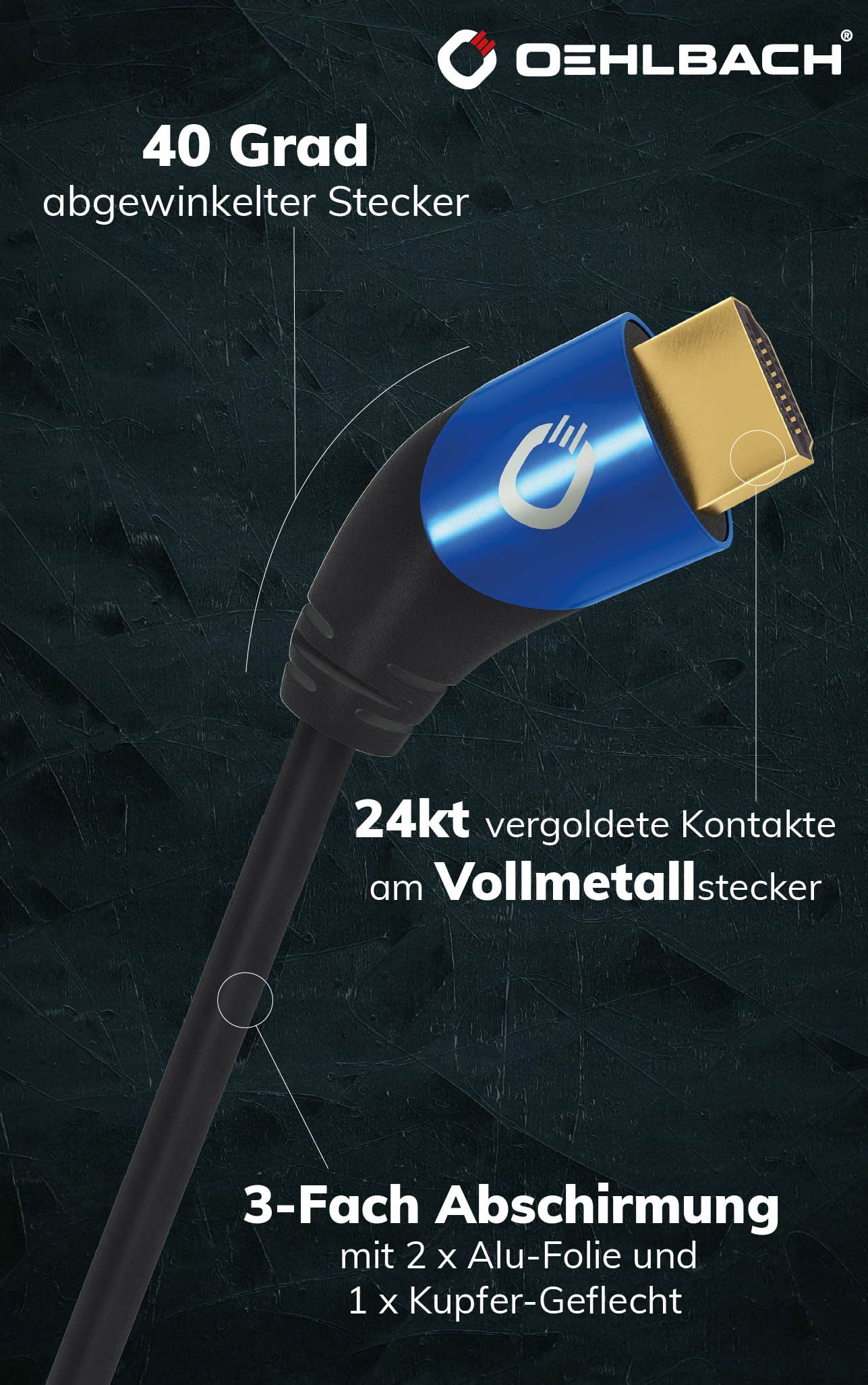 OEHLBACH Shape Magic 40-8K Ultra High Speed 2.1 HDMI-Kabel - Zertifiziert 48 Gbps (40 Grad Winkelstecker 3-Fach Schirmung OFC Kupfer Vollmetallstecker) schwarz - 3m