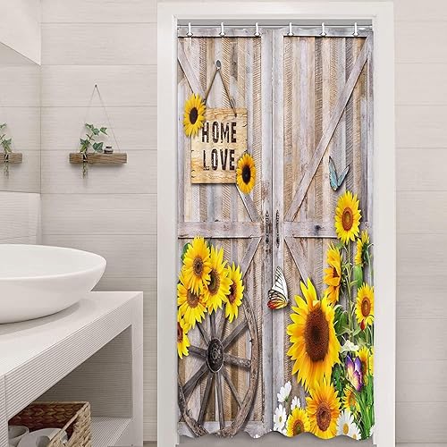 Miniatura 28 de Cortina de ducha rústica con diseño de puerta de granero para baño, cortinas de decoración de baño con tablero de madera de campo retro, conjuntos
