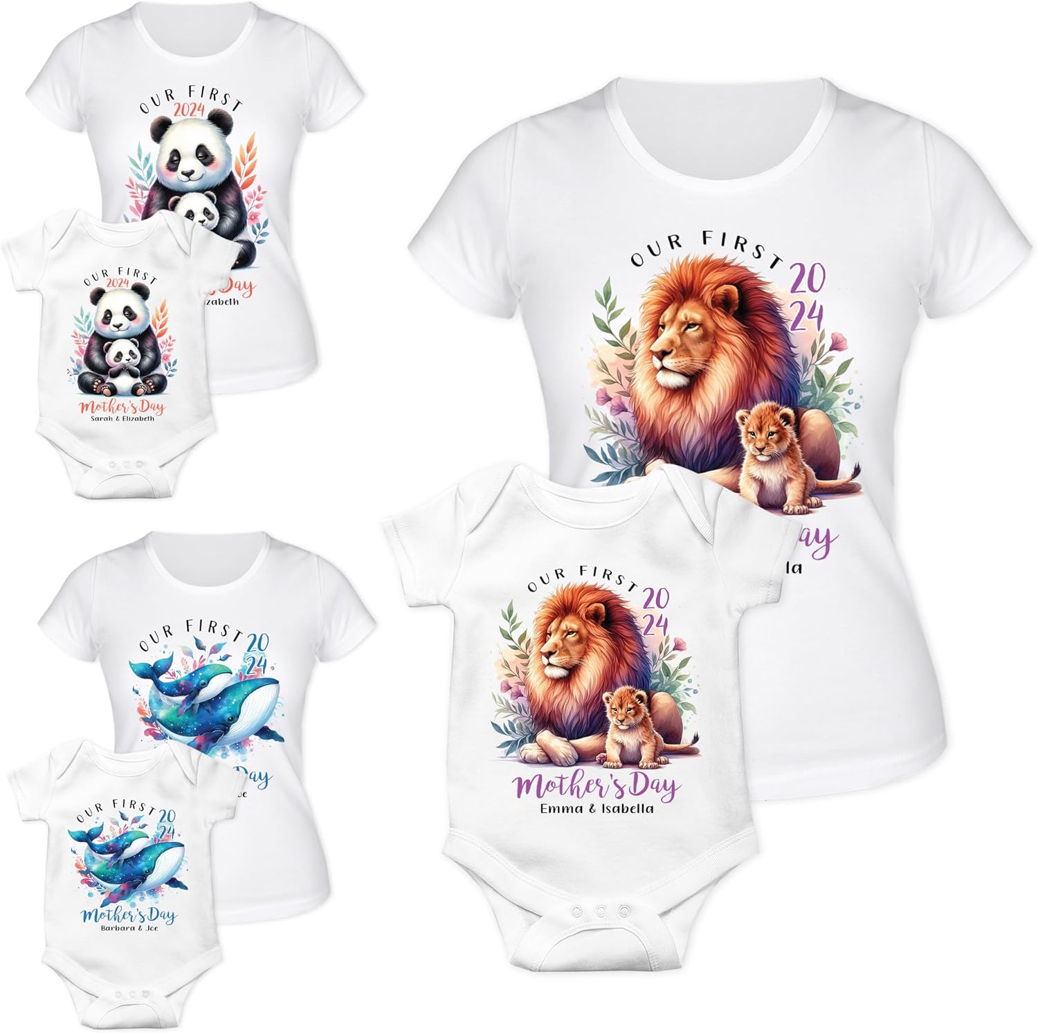 Generic Our First Mother’s Day Matching Outfit Set 2024 - Custom Mom and Baby Matching Tee w/Name – 9 Cute Animal Designs – Personalized 1st Mother’s Day Shirt and Baby Bodysuit for Gift, White