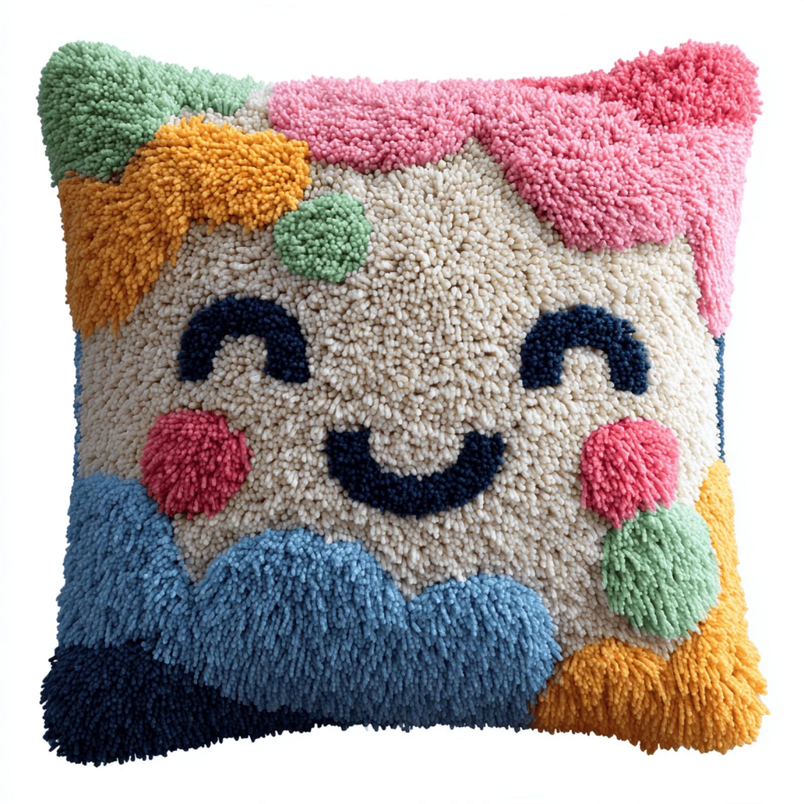 Taxpy DIY Latch Hook Cushion Cover Kit,Cute Smiley Face,17x17in Soft Yarn Craft Project for Adults,Fun Handmade Hobby for Relaxing and Home Decoration