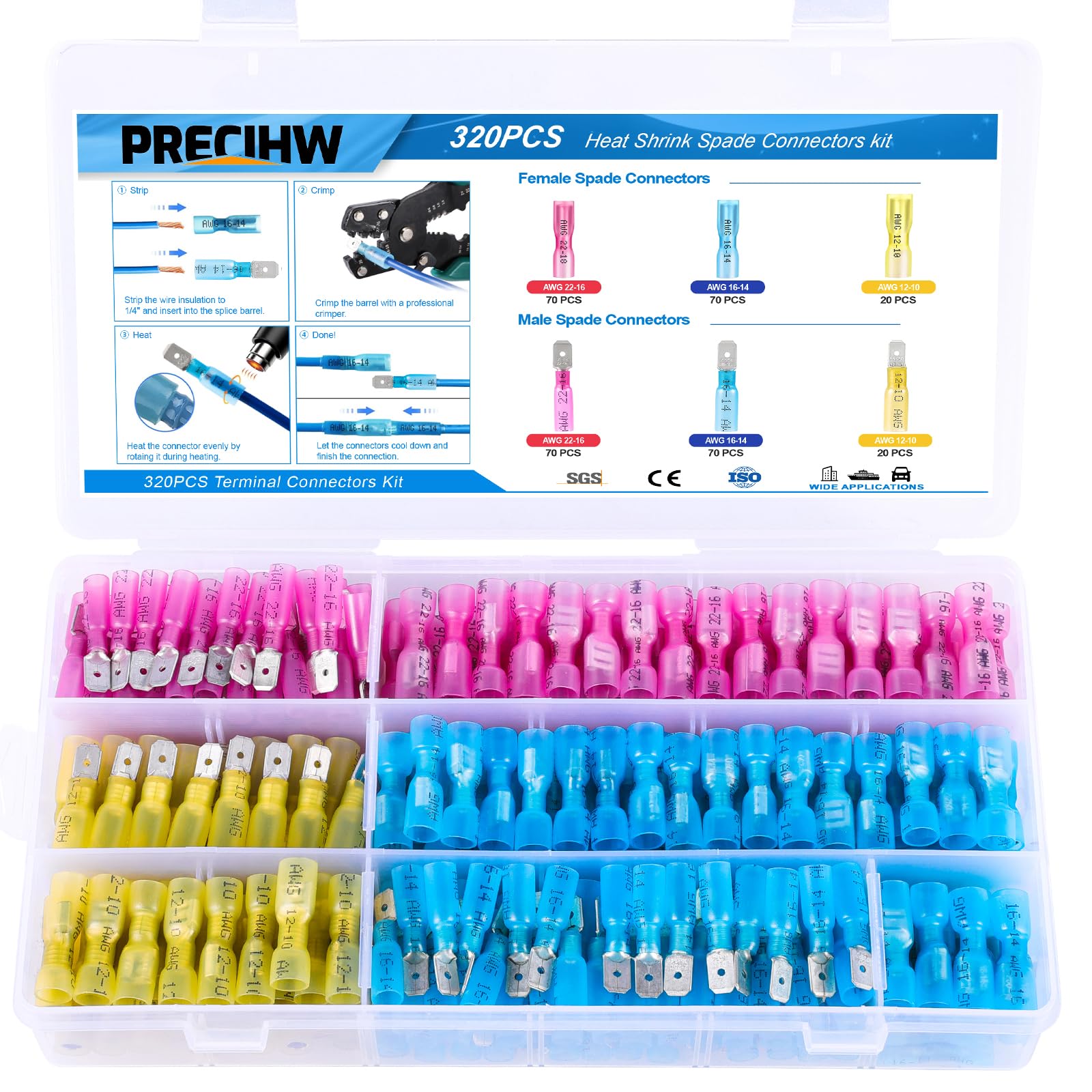 Kit de 320 conectores de pala termorretráctiles, terminales de pala macho y hembra, conectores de cable impermeables aislados, conectores eléctricos de grado marino con caja
